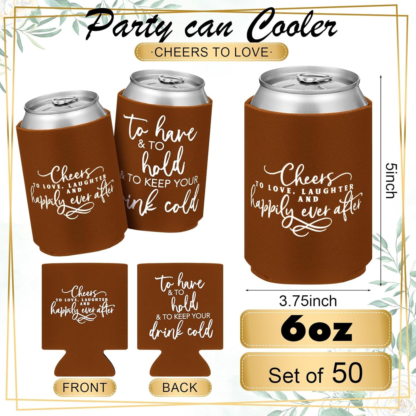 50 Pieces Chocolate Wedding Can Cooler Sleeves Bulk Engagement Party Favors for Guests Cheers to Love Laughter and Happily Ever After Rehearsal Dinner Decorations for Wedding Bridal