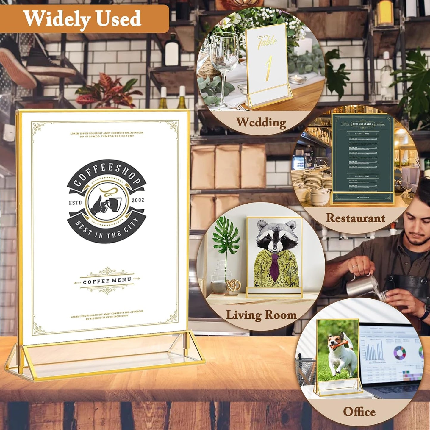 Floroom 12 Pack 8.5x11 Inch Clear Acrylic Sign Holders, Double-Sided Gold Display Stand Picture Frames for Table Numbers, Menus, Flyers, Weddings, and Offices