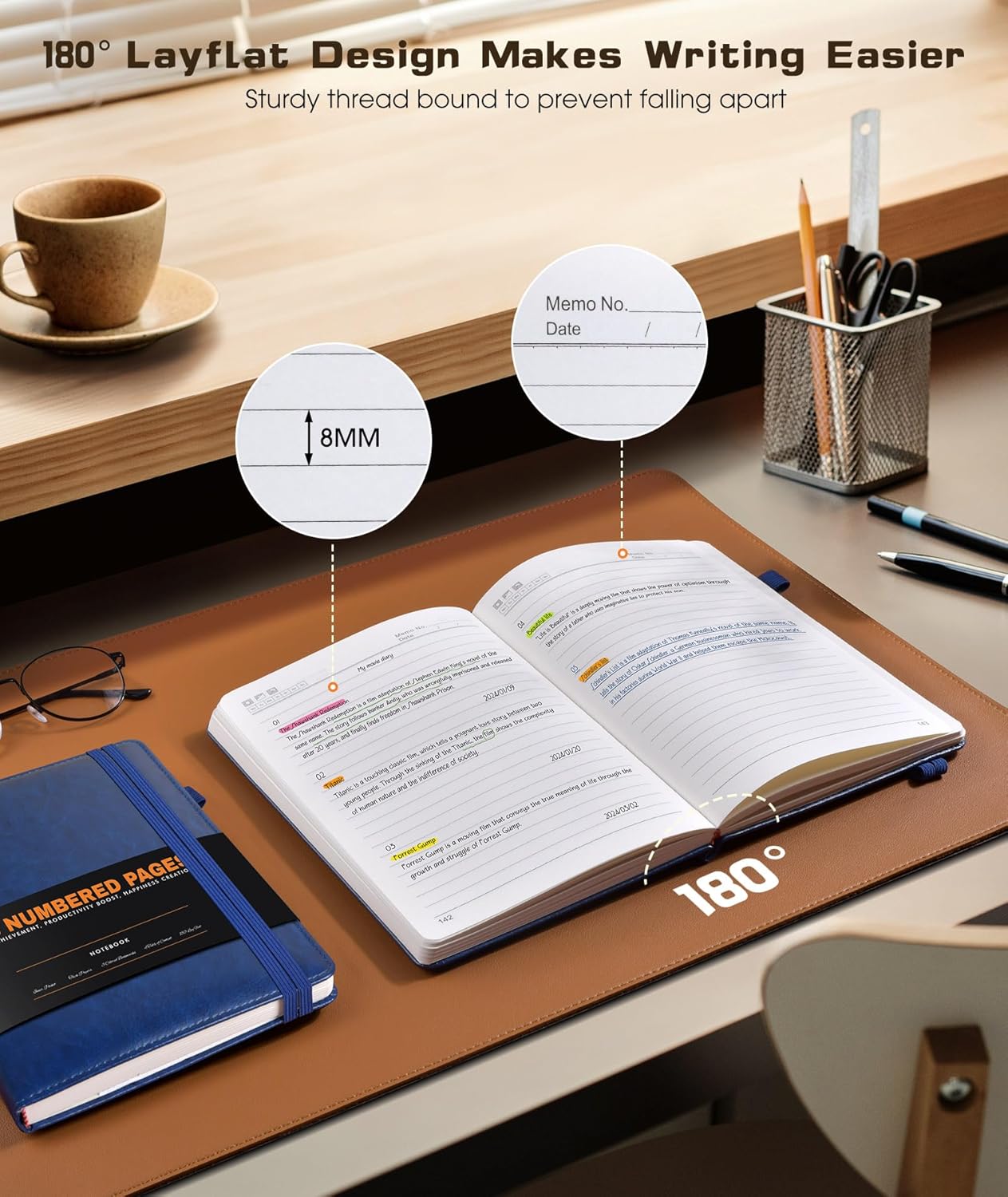 Lined Journal Notebook for Women Men, 256 Numbered Pages Hardcover Leather Journals for Writing, A5 Journaling Notebooks, College Ruled Journal for Business Work School 5.75" x 8.38" Navy Blue