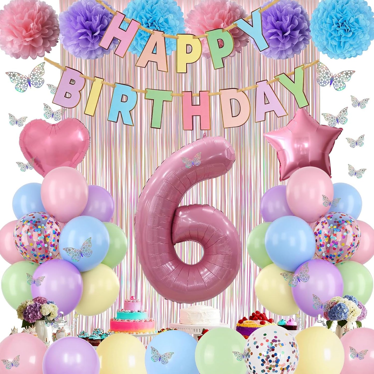 Pastel 6th Birthday Party Decorations for Girls Number 6 Balloon Happy Birthday Banner Butterfly Stickers Fringe Curtain Paper Pom Poms Macaron Pink Star Heart Foil Colorful Balloons 6 Year Old Decor