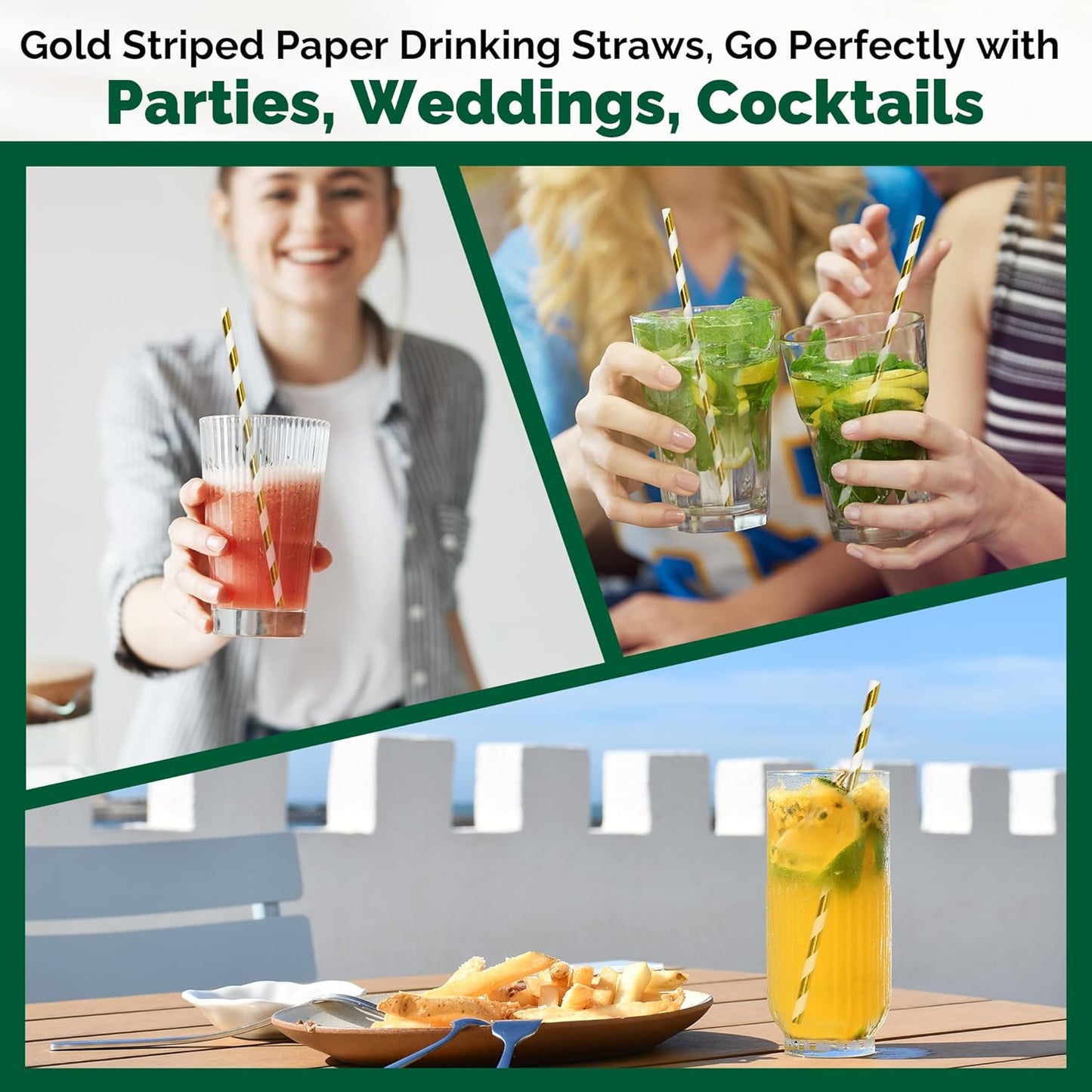 7.75 inch Gold/White Striped Paper Drinking Straws 1000 Counts for Cocktail, Party, Wedding - Disposable, Unwrapped