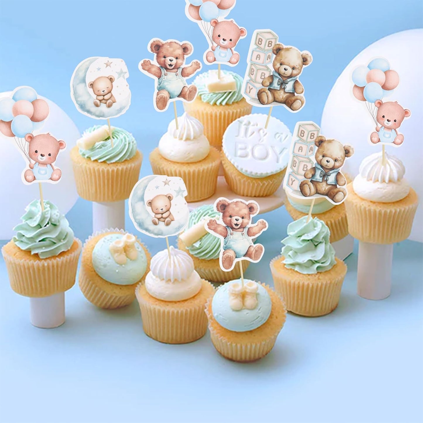 Gyufise 32Pcs Baby Shower Bear Cupcake Toppers Moon Baby Bear Baby Shower Cake Topper Decorations Jungle Animal Theme Birthday Party Cake Supplies Blue