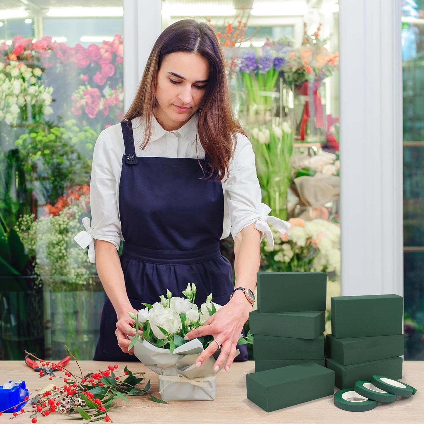 Aneco 24 Pieces Floral Foam Blocks with 6 Rolls Floral Tape 5.5''L x 3.1''W x 1.8''H Green Square Flower Foams Flower Arrangements Supplies for Dry & Wet Flower Wedding Home Decor and DIY Crafts