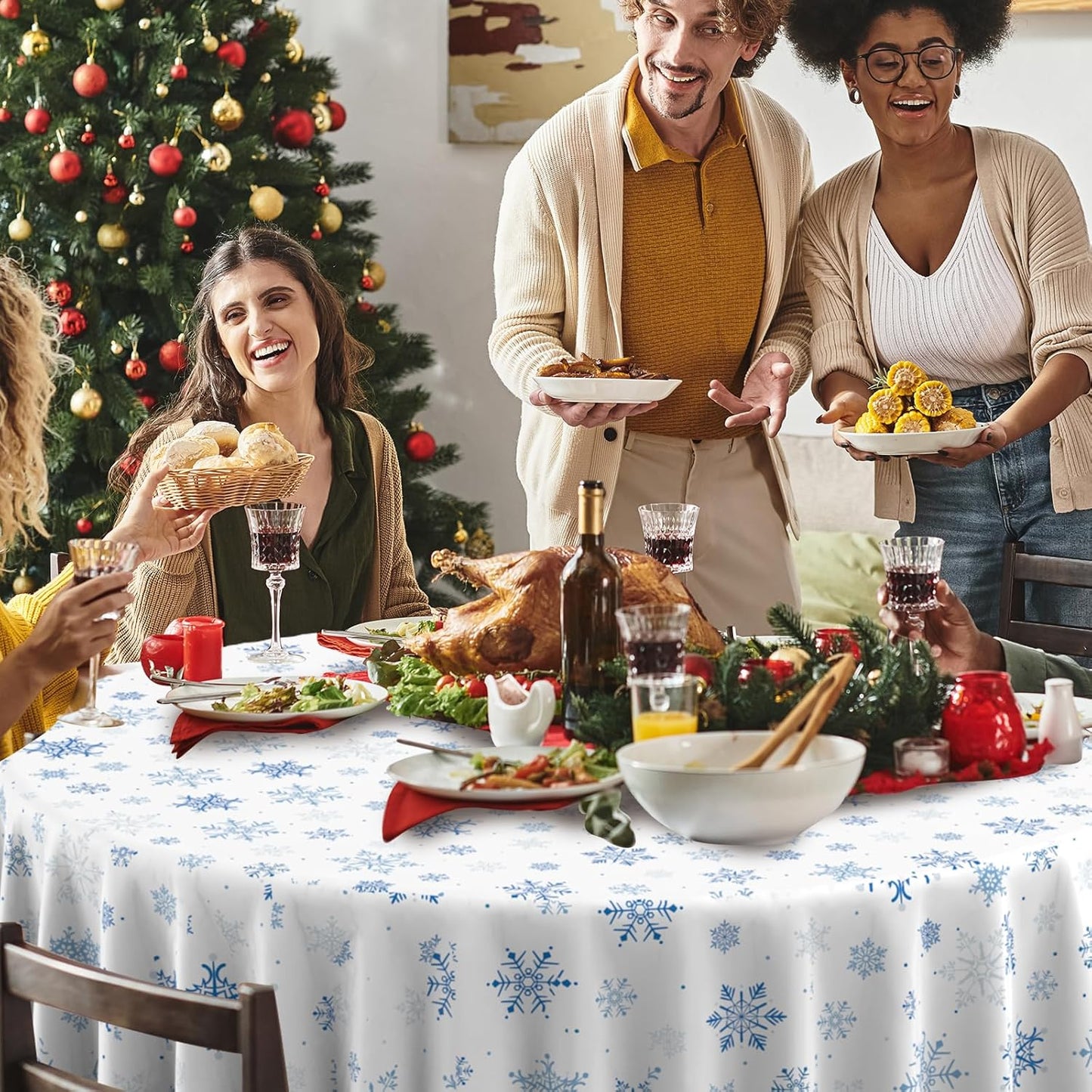 3 Pieces Christmas Snowflake Plastic Party Tablecloth Decorations,Disposable Blue Snowflake White Xmas Round Table Cover Backdrop for Winter Christmas Holiday Party Supplies,84 inch (Blue White)