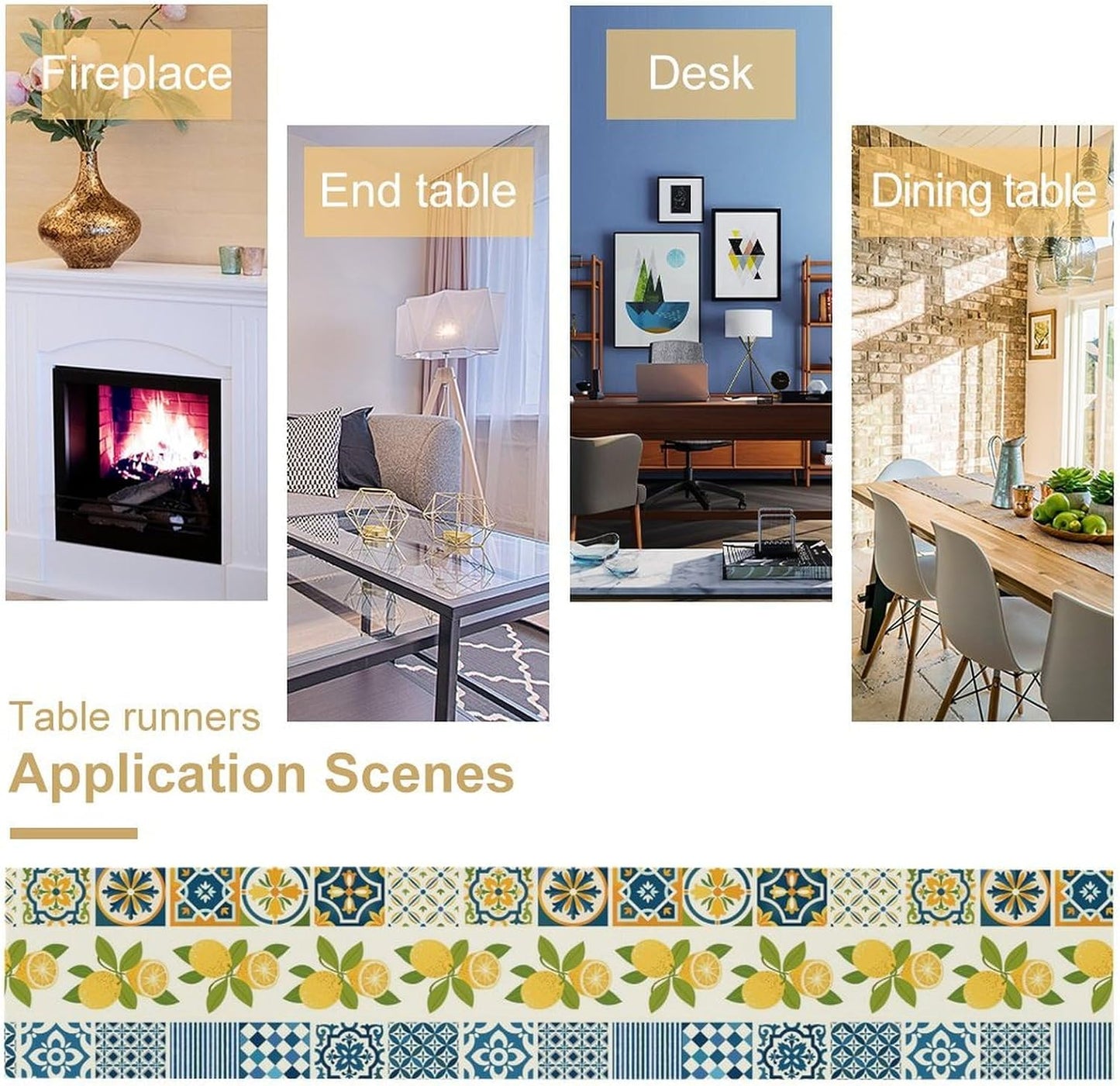 Lemon Table Runner,Watercolor Blue Fruits Green Leaves Print Table Cloth Kitchen Dining Table Home Party Decoration 13x60 Inch