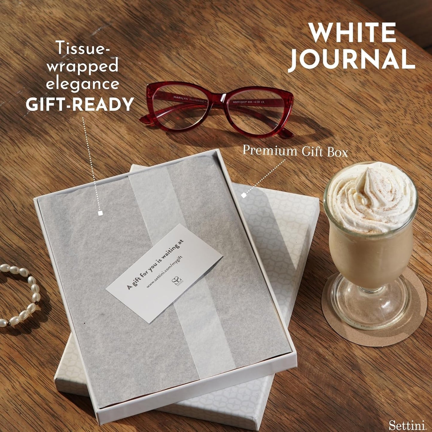 SETTINI® Lined Journal - Modern White Journal for Writing Gift Set - Hardcover Vegan Leather, Includes Luxury Pen in a Unique Pen Holder, 192 Pages, 6 x 8.5 inches, Birthday Gift