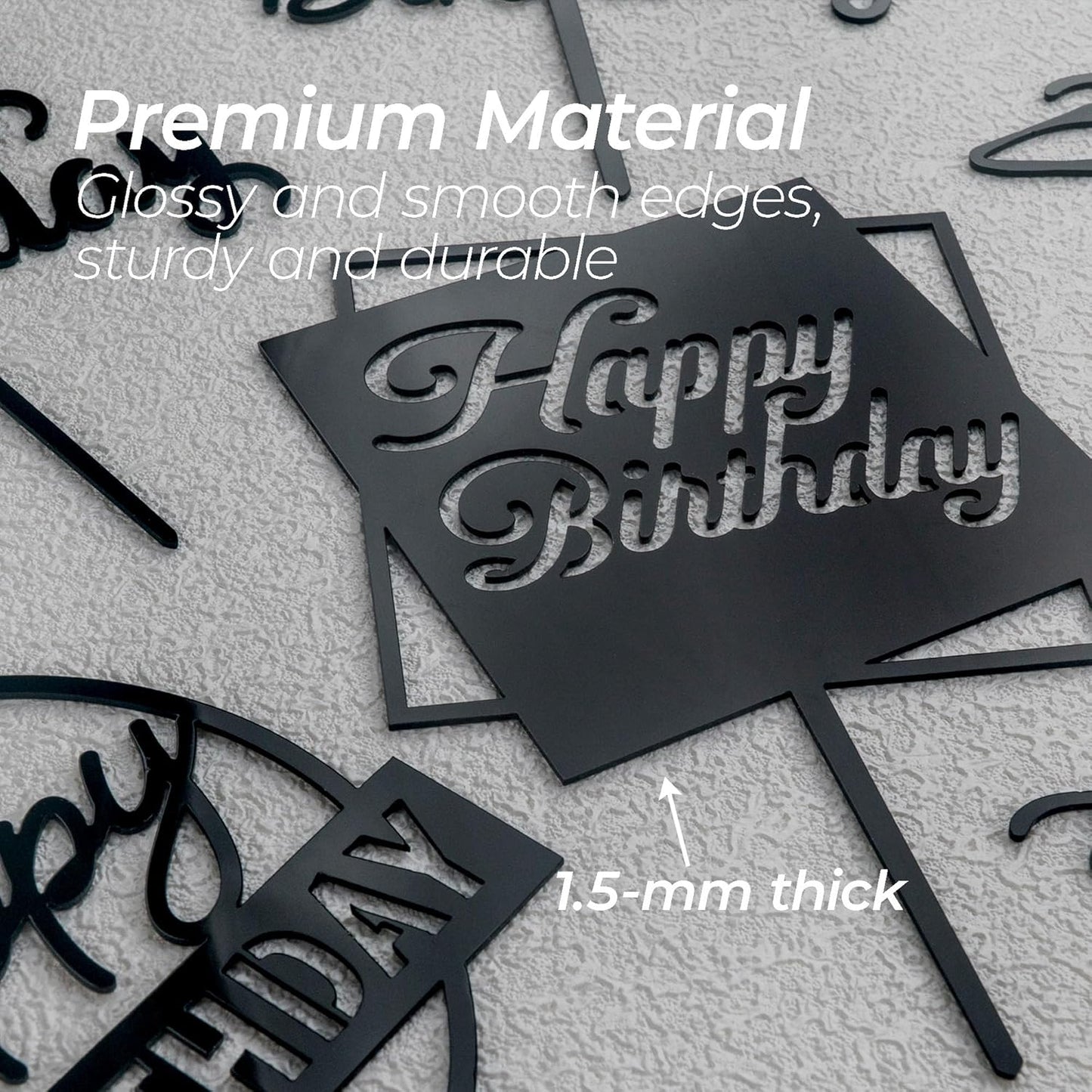 6 Pcs Black Happy Birthday Cake Toppers Set, Acrylic Cake Decoration for Birthday Party