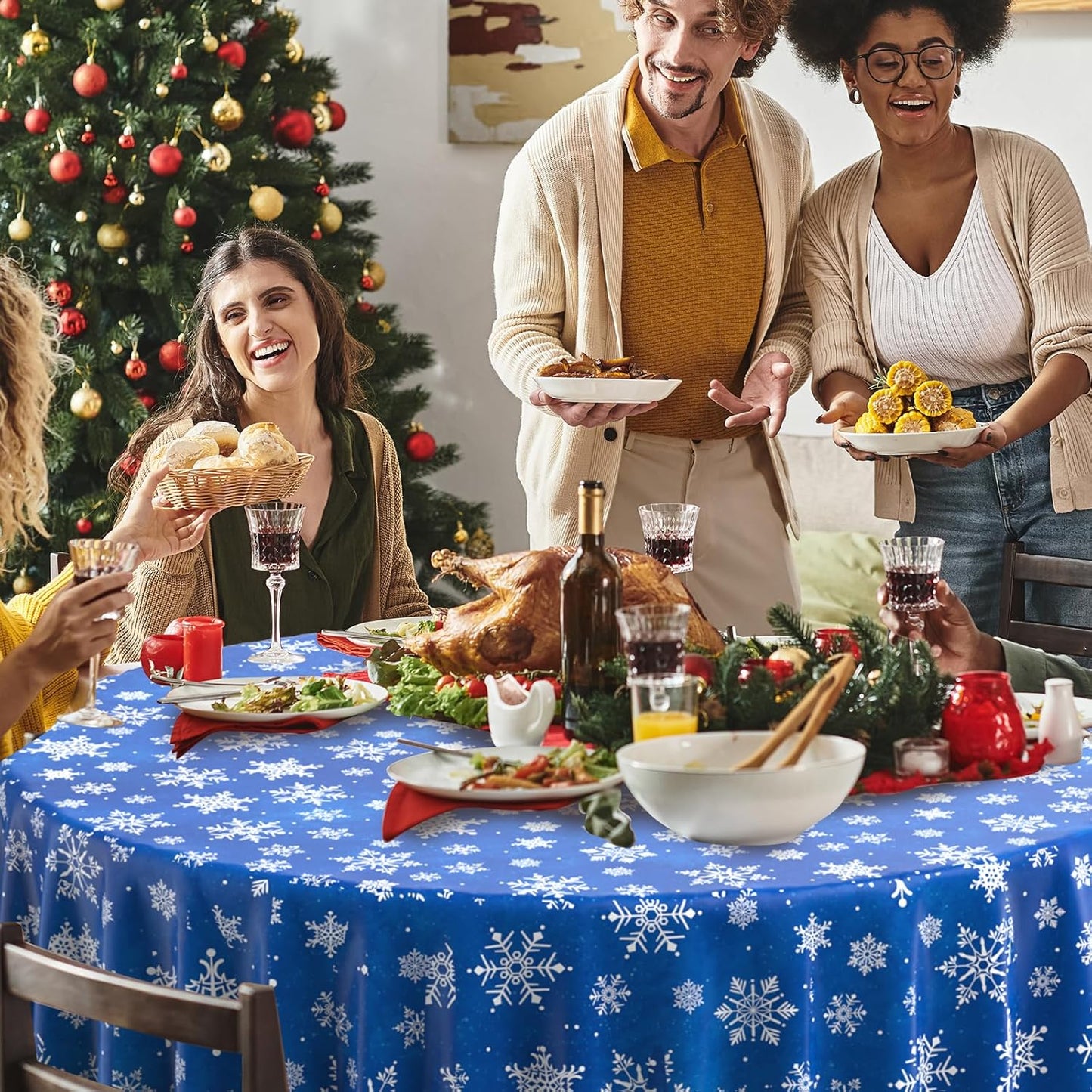 Jectivs 3 Pieces Christmas Snowflake Plastic Party Tablecloth Decorations,Disposable White Snowflake Blue Xmas Round Table Cover Backdrop for Winter Christmas Holiday Party Supplies,84 inch (Blue)