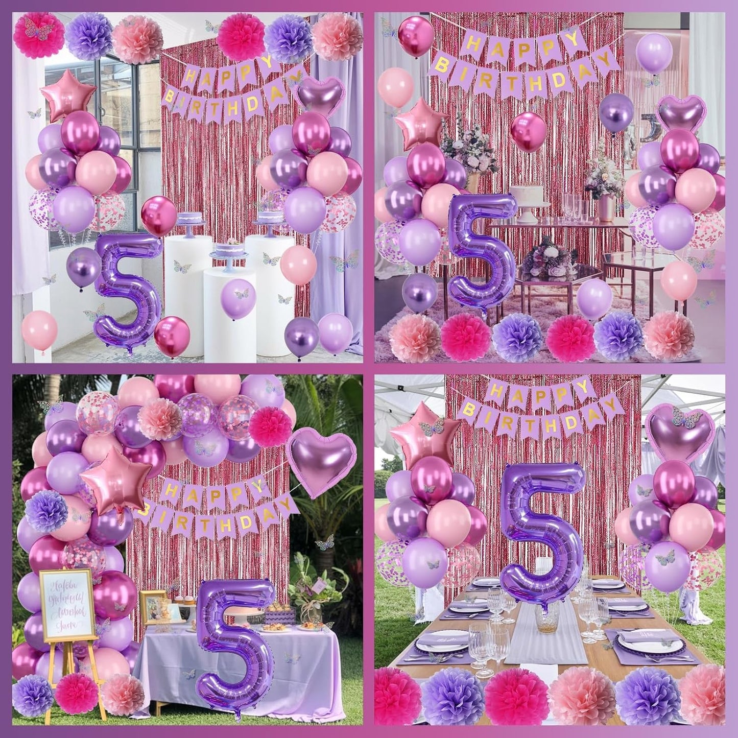 Pink Purple 5th Birthday Party Decorations for Girls Number 5 Balloon Happy Birthday Banner Butterfly Stickers Fringe Curtain Paper Pom Poms Metallic Hot Pink Star Foil Balloons 5 Year Old Princess