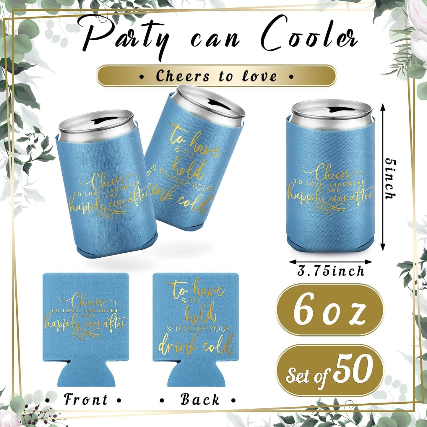 50 Pieces Wedding Can Cooler Bulk Engagement Party Favors for Guests Cheers to Love Laughter and Happily Ever After Rehearsal Dinner Decorations for Wedding Bridal(Haze Blue,Cute)