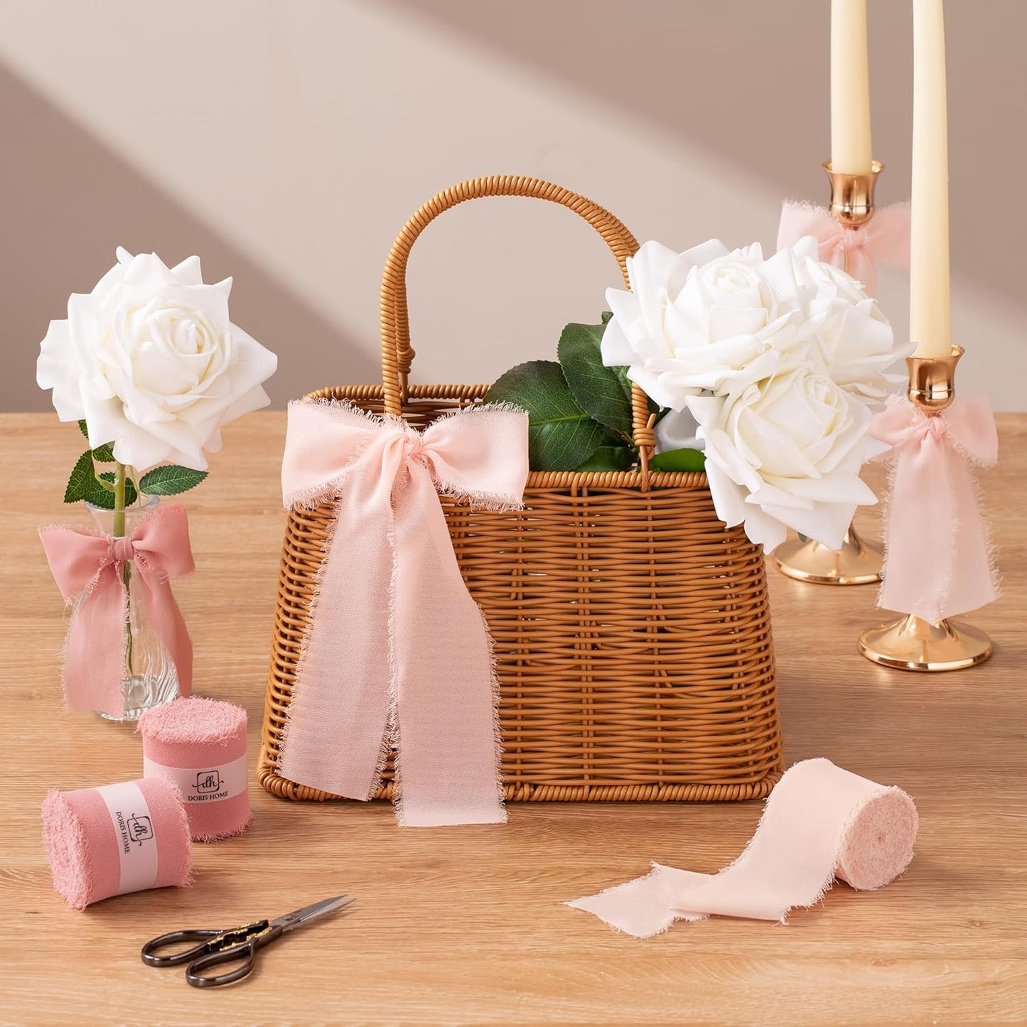 DORIS HOME 2" x21Yd Chiffon Ribbon for Flower Bouquet, Pink & Dusty Rose Fabric Ribbon for Gift Wrapping, Handmade Frayed Ribbon for Wedding/Christmas Decorations