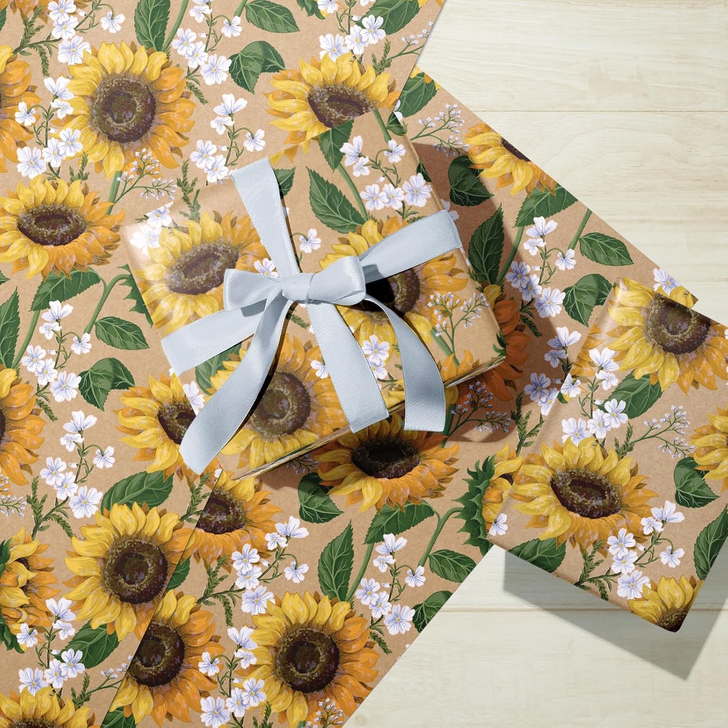 WRAPAHOLIC Kraft Floral Wrapping Paper - Mini Roll - 3 Rolls - 17 Inch x 120 Inch - All Occasion Vintage Flower and Sunflorwer Design for Wedding Bridal Shower Birthday