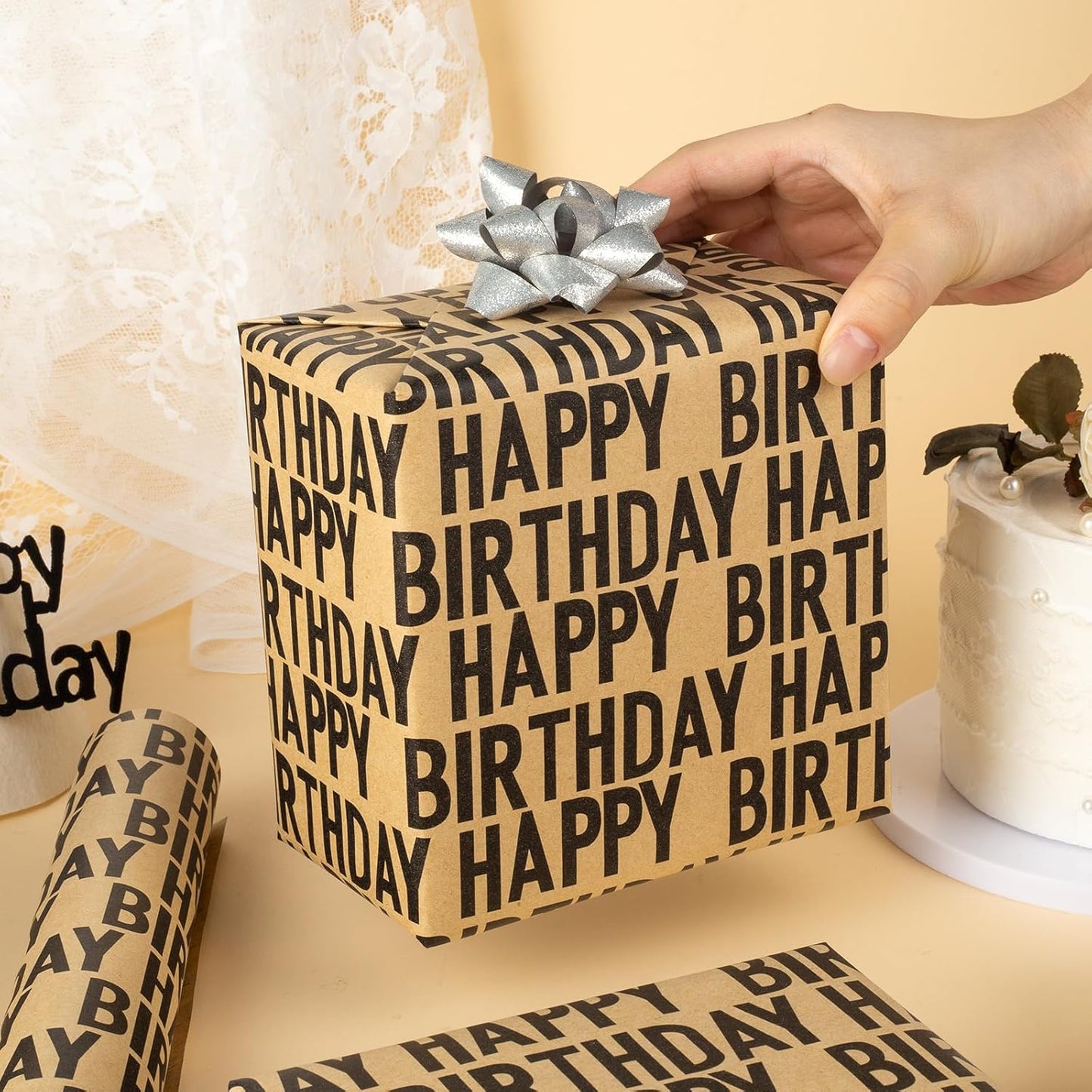 Yarcony Birthday Kraft Wrapping Paper Roll, Mens Gift Wrapping Paper - 17 Inch x 33 Feet - Vintage Style Brown Black Happy Birthday Gift Wrap Thick Present Sheet for Holiday, Party, Father's Day