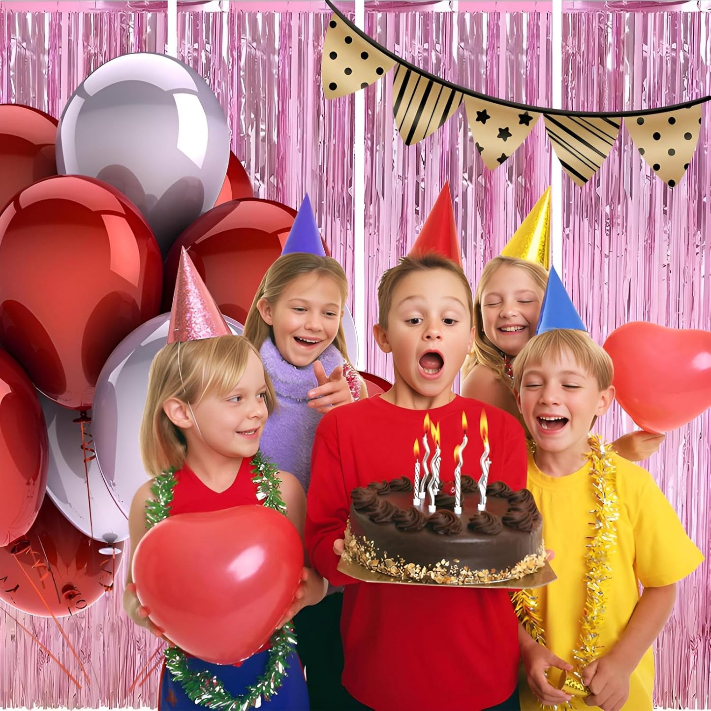 Keyali 4 Pack 3.3 * 8.3 ft Foil Curtain Metallic Tinsel Fringe Curtains Photo Booth Props Backdrop for Birthday Wedding Engagement Baby Shower Christmas Holiday Celebration Partyl,Pink