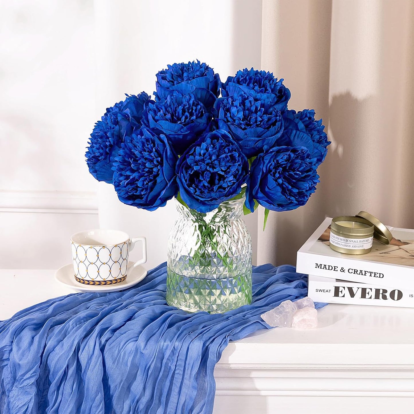 U'Artlines Artificial Peony Silk Flower with Stems 10pcs Real Look Vintage Peonies for Home Wedding Decoration (Navy Blue)