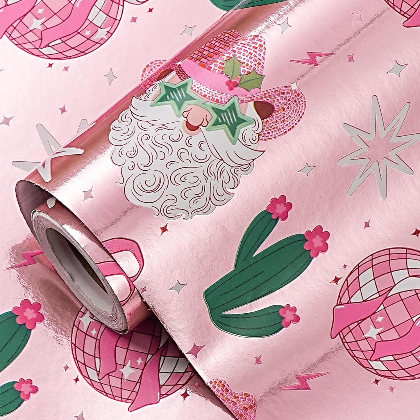 LeZakaa Pink Christmas Wrapping Paper Roll for Girls Women, Santa Disco Ball Cactus Design, Rose Gold Foil Western CowGirls Holiday Gift Wrap, Mini Roll 17 in x 16.4 Ft