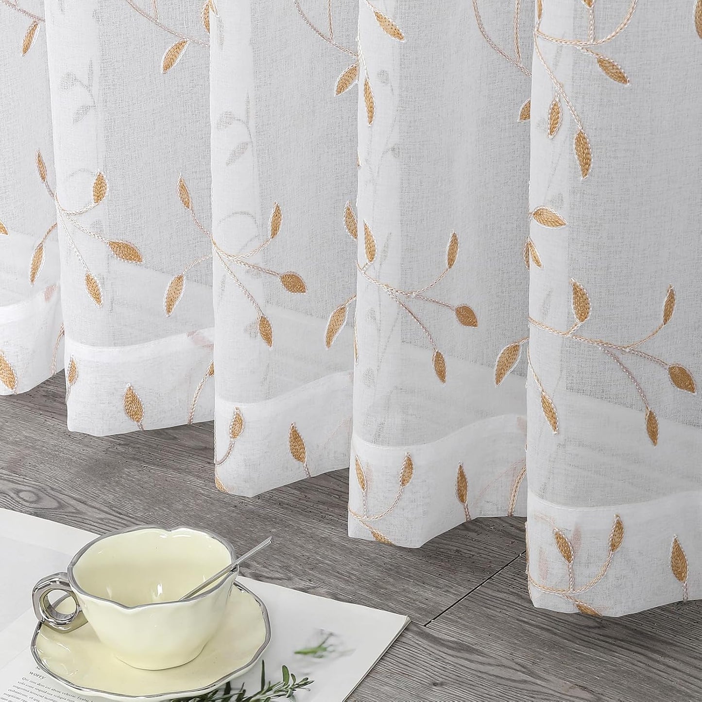 VISIONTEX White Sheer Voile Curtains, Decorative Orange Leaves Embroidery Faux Linen Rod Pocket Window Drapes for Home Kitchen, Living Room and Bedroom 54 x 72 Inch, Set of 2 Curtain Panels