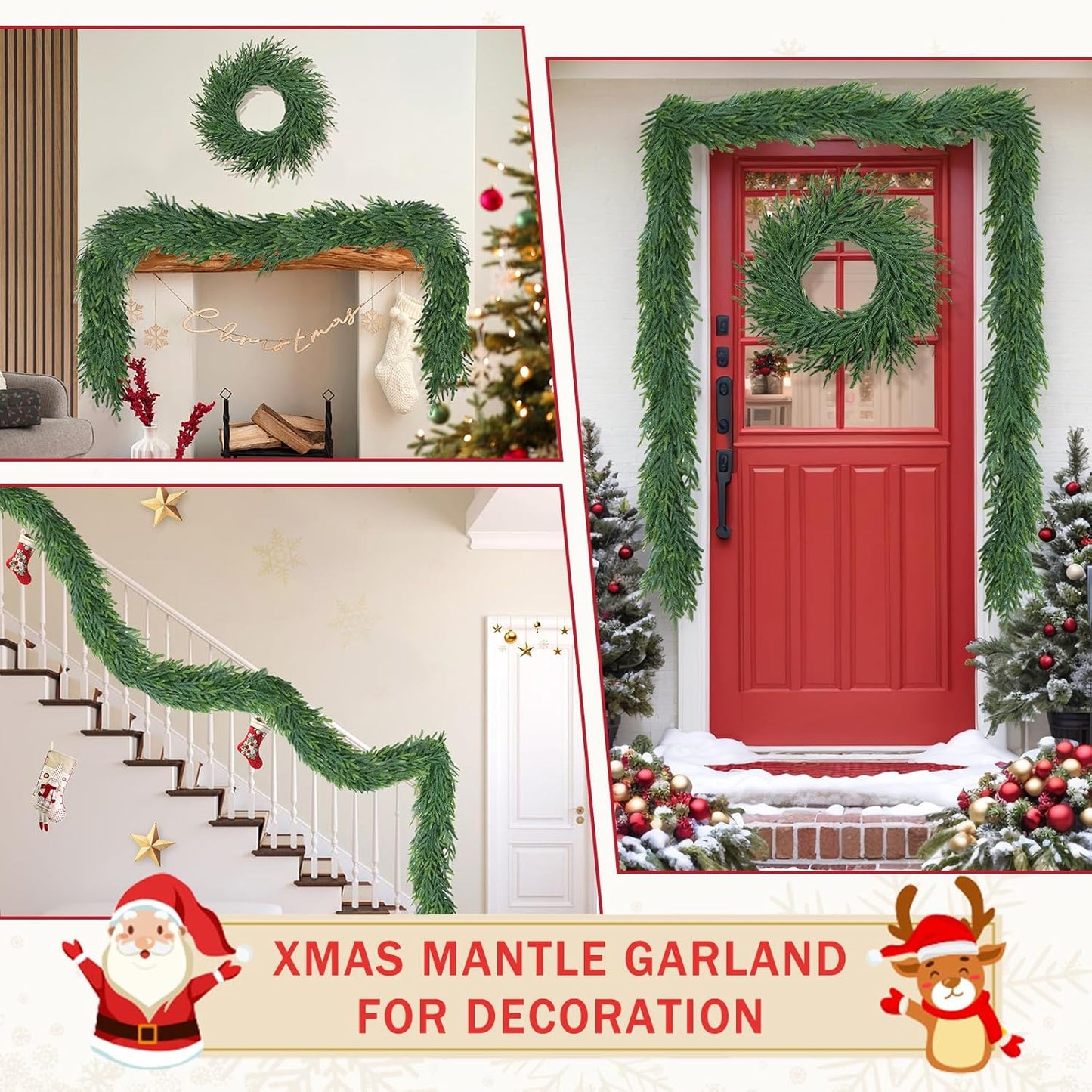 16 Ft Christmas Cedar Garland for Staircase Railing Real Touch Soft Bendable Faux Winter Xmas Greenery Pine Garlands Mantle Garland for Decoration for Window Fireplace Door Railing Wall Home Decor