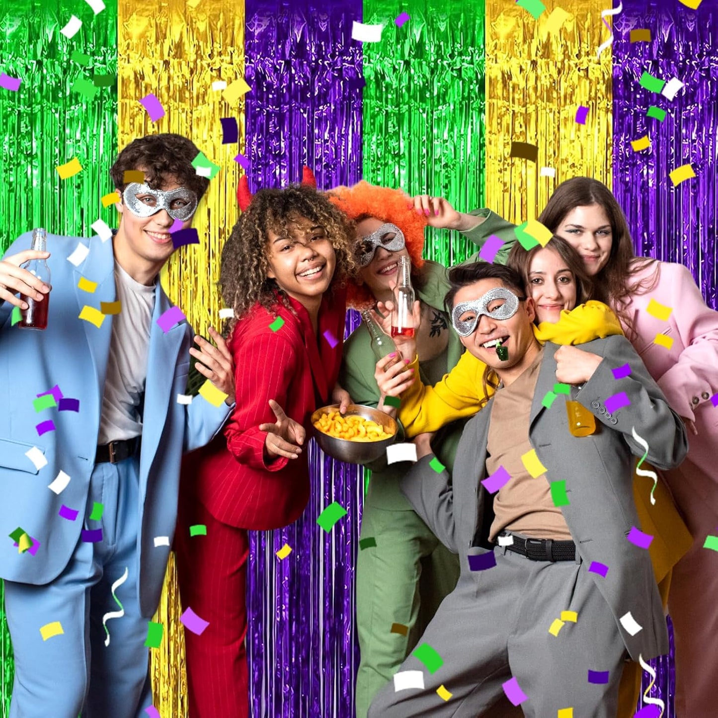 3 Pack Gold Green Purple Foil Fringe Curtain Backdrop, 3.28Ft x 8.2Ft Metallic Tinsel Foil Fringe Streamer Curtains for Photo Booth, Christmas Day, Thanksgiving, Wedding, New Year Party Decorations