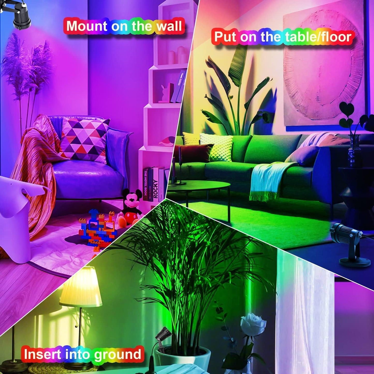 Spot Lights Indoor, 5W RGBW Uplighting 16 Color Changing Up Lights Indoor with Remote Control, Plant Spotlight Decorative (2 Pack with Base and Stake)
