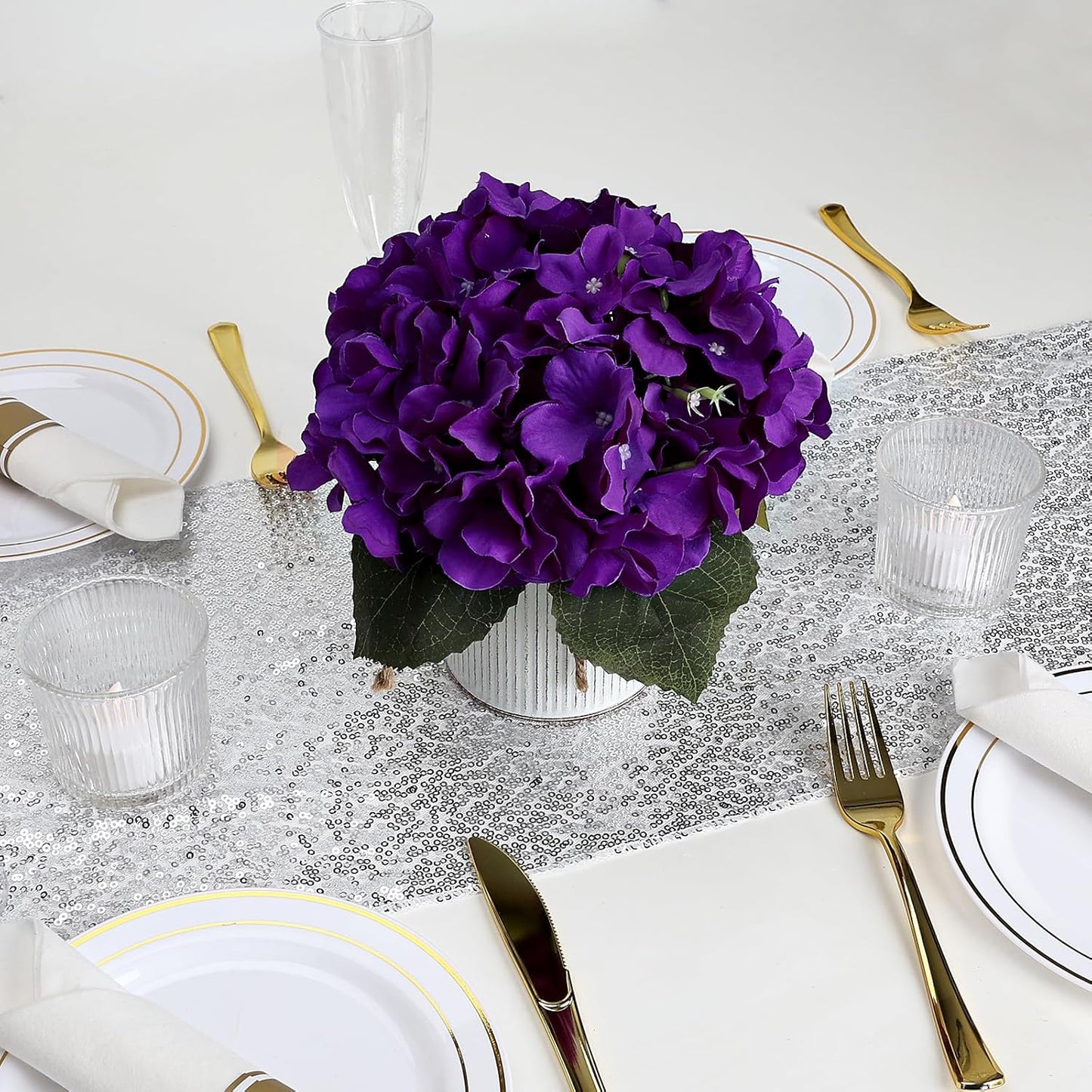 Flower Table Centerpieces - Set of 6 Floral Arrangement Artificial Wedding Hydrangeas Floral Arrangement with Rustic Metal Vase for Bridal Tea Party Event Decorations - Deep Purple