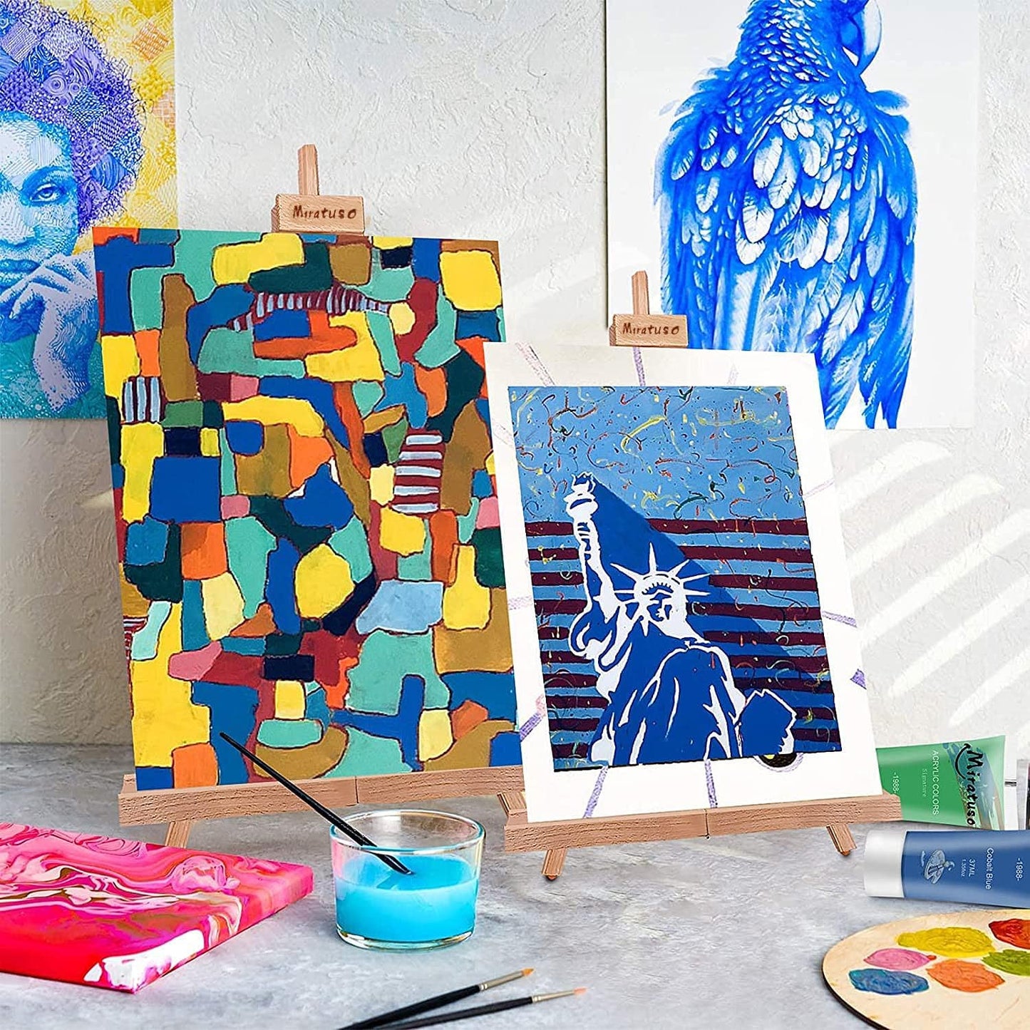 Miratuso Art Easel (2 Pack) A-Frame Painting Easel, Wood Display Stand Holding Canvas Up to 22" High, Portable Folding Travel Tabletop Easel and Sign Holder, Easy to Carry