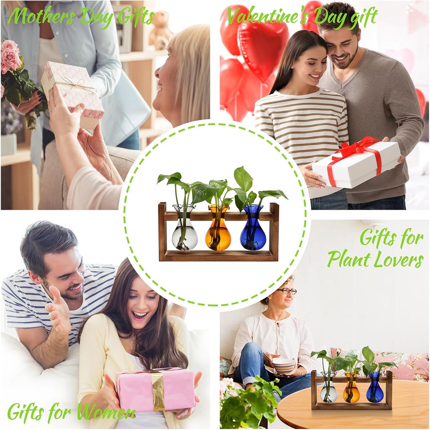 Plant Propagation Station Plant Terrarium Unique Birthday Gifts for Women Home Office Decor Planter with Wooden Stand - 3 Bulb Glass Vase