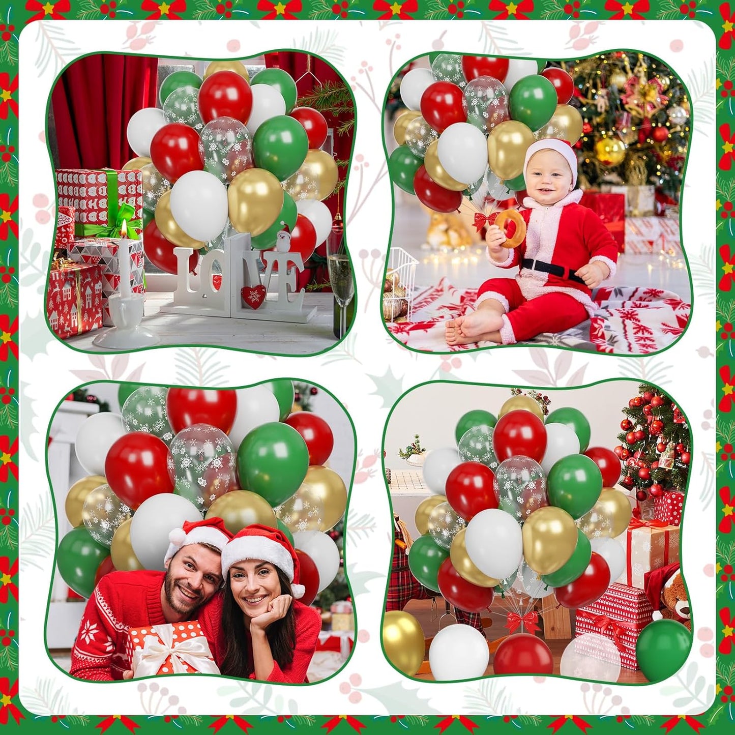 Christmas Balloons, Burgundy Red Green Gold Balloons Snowflake and White Latex Merry Christmas Xmas Party Balloons for Christmas Birthday New Year Carnival Party Decorations and Supplies