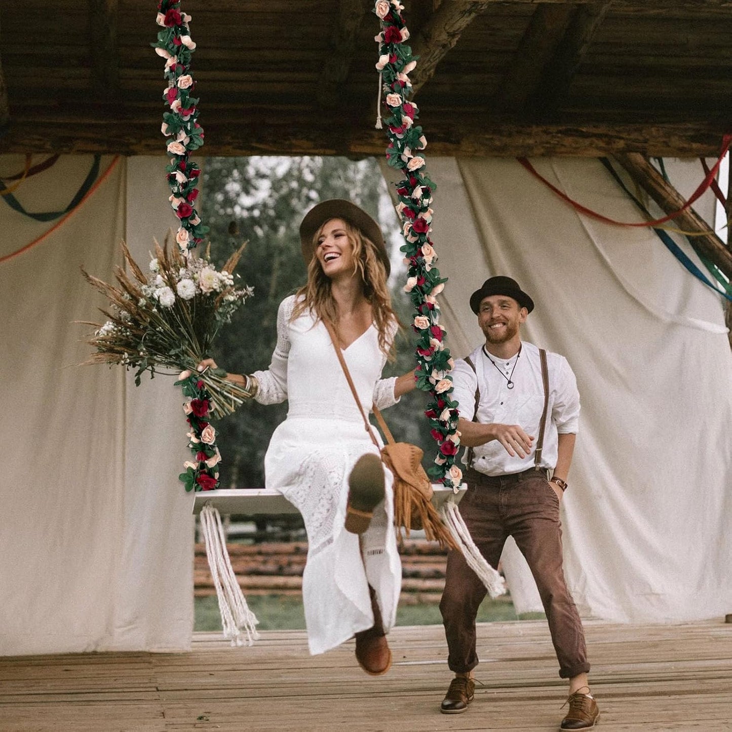 8Pcs 63Ft Burgundy&Champagne Fake Rose Hanging Flowers, Artificial Flower Vine, Hanging Floral Vine Garland for Wedding, Wall Arch, Halloween, Christmas Garden Backdrop Decor