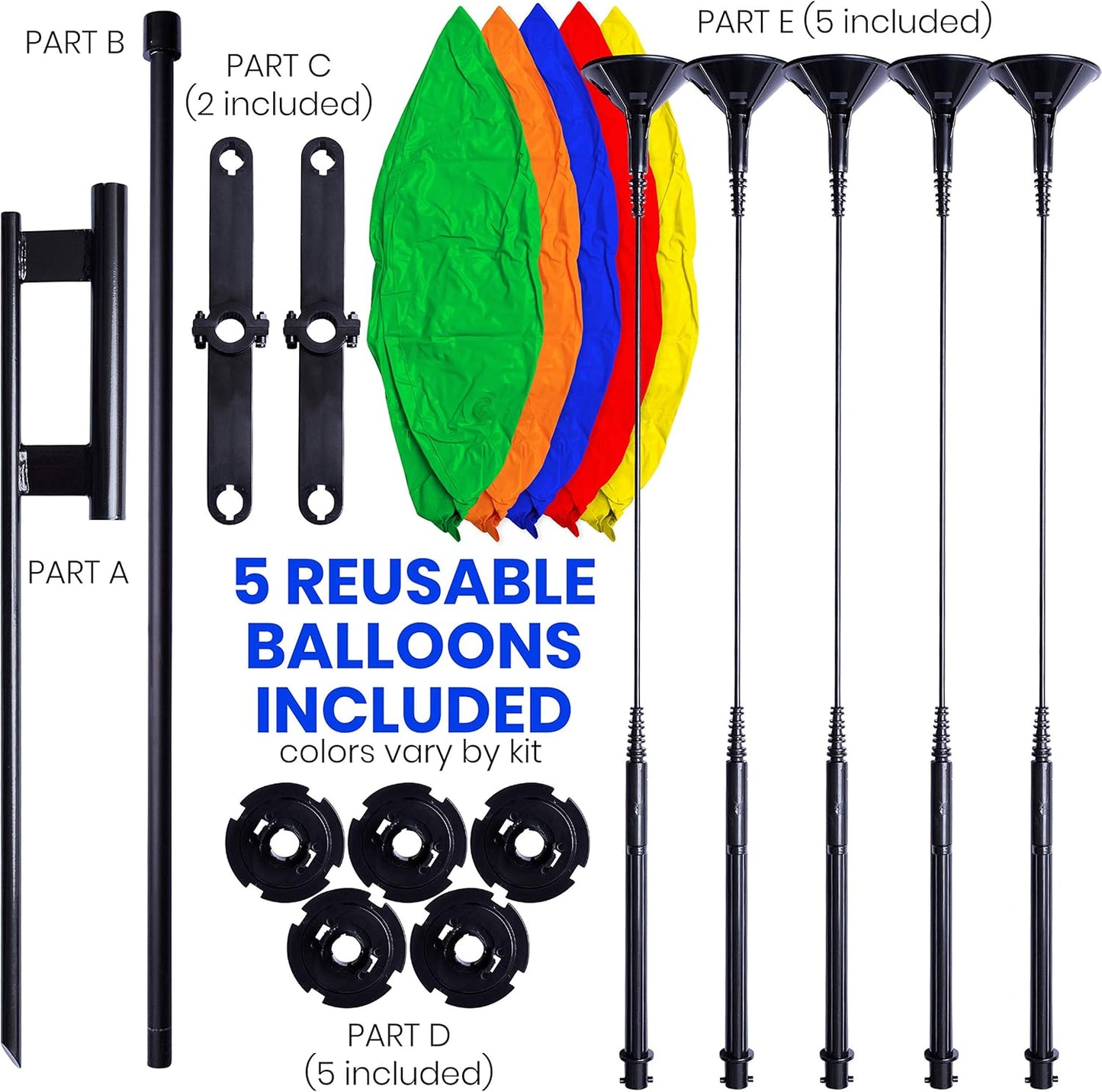 Reusable Balloon Cluster Kit with Ground Spike - Multi Color Balloons - No Helium - Weatherproof Balloons - 5 Durable Balloons and Pole Kit Included