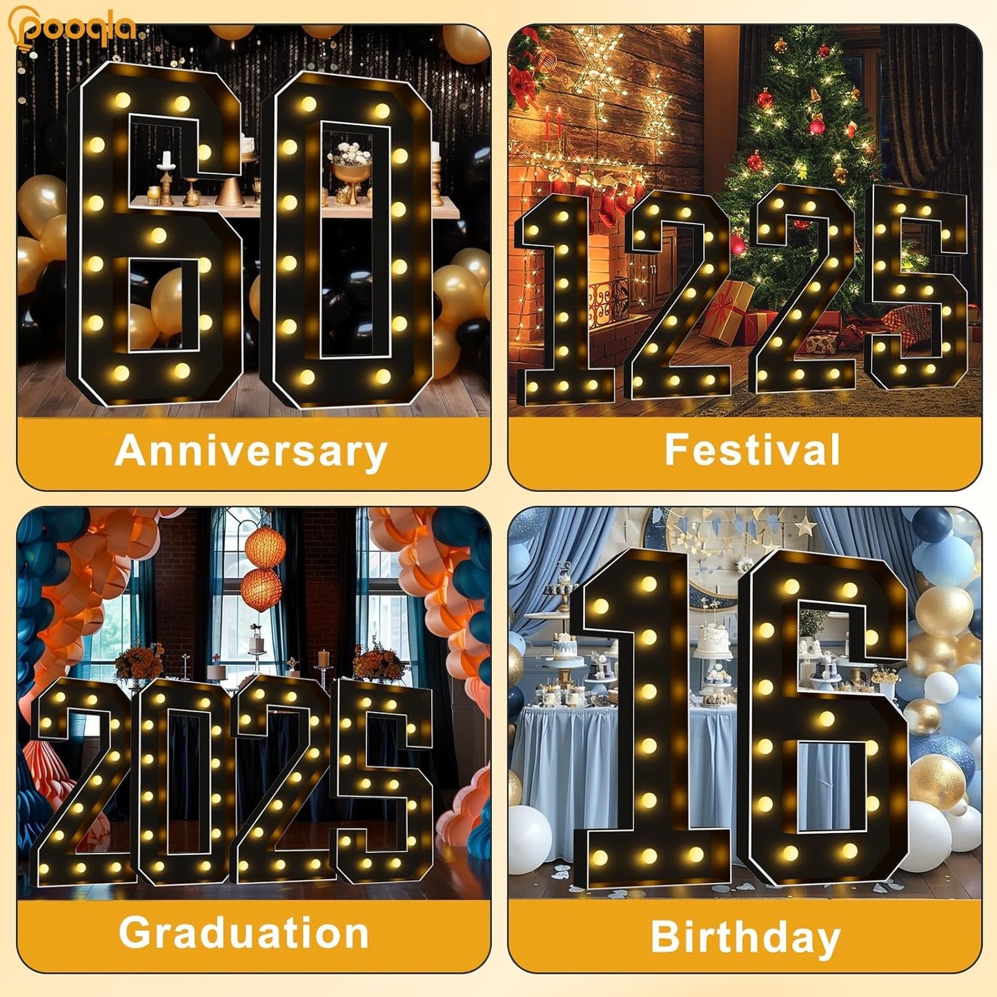 Pooqla 4 FT Light Up Marquee Numbers, Black Marquee Number Lights 4 Feet Tall for 7th 17th 70th Birthday, Giant Letter Big Mosaic Numbers for Balloons Party Anniversary Wedding Decorations, Number 7