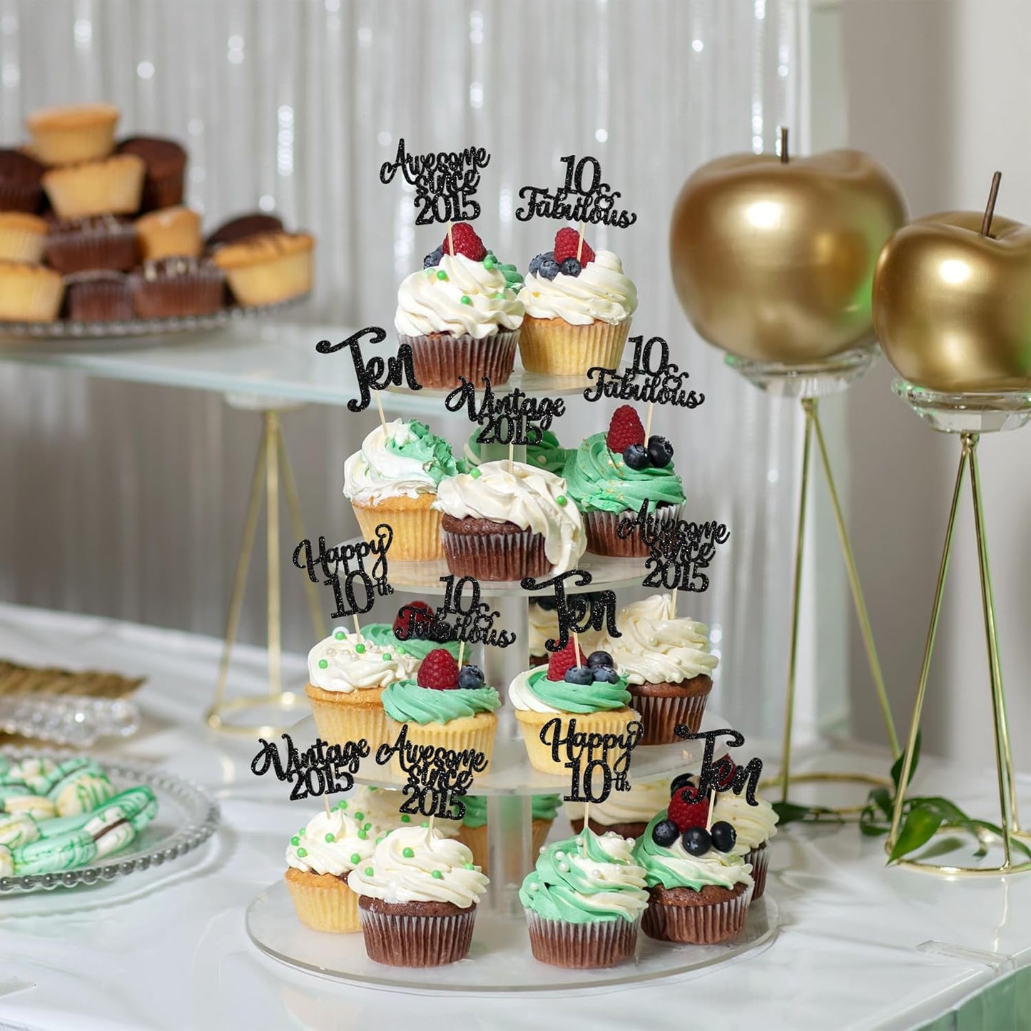 30Pcs Happy 10th Birthday Cupcake Toppers Glitter Ten Vintage 2015 Cupcake Picks Cheers to 10 Fabulous Cake Decorations for 10th Birthday Wedding Anniversary Party Supplies Black