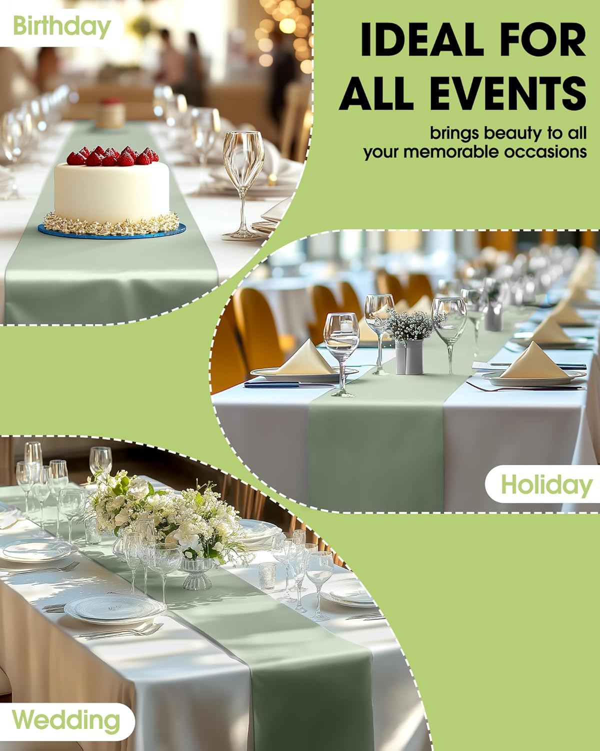 Pureegg Sage Green Plastic Table Runners - 20 Pack, 14'' x 108'', Water Resistant & Disposable Centerpiece Decorations for Table Cloth, Wedding, Birthday, Holiday, Baby Shower, Party, Home Decor