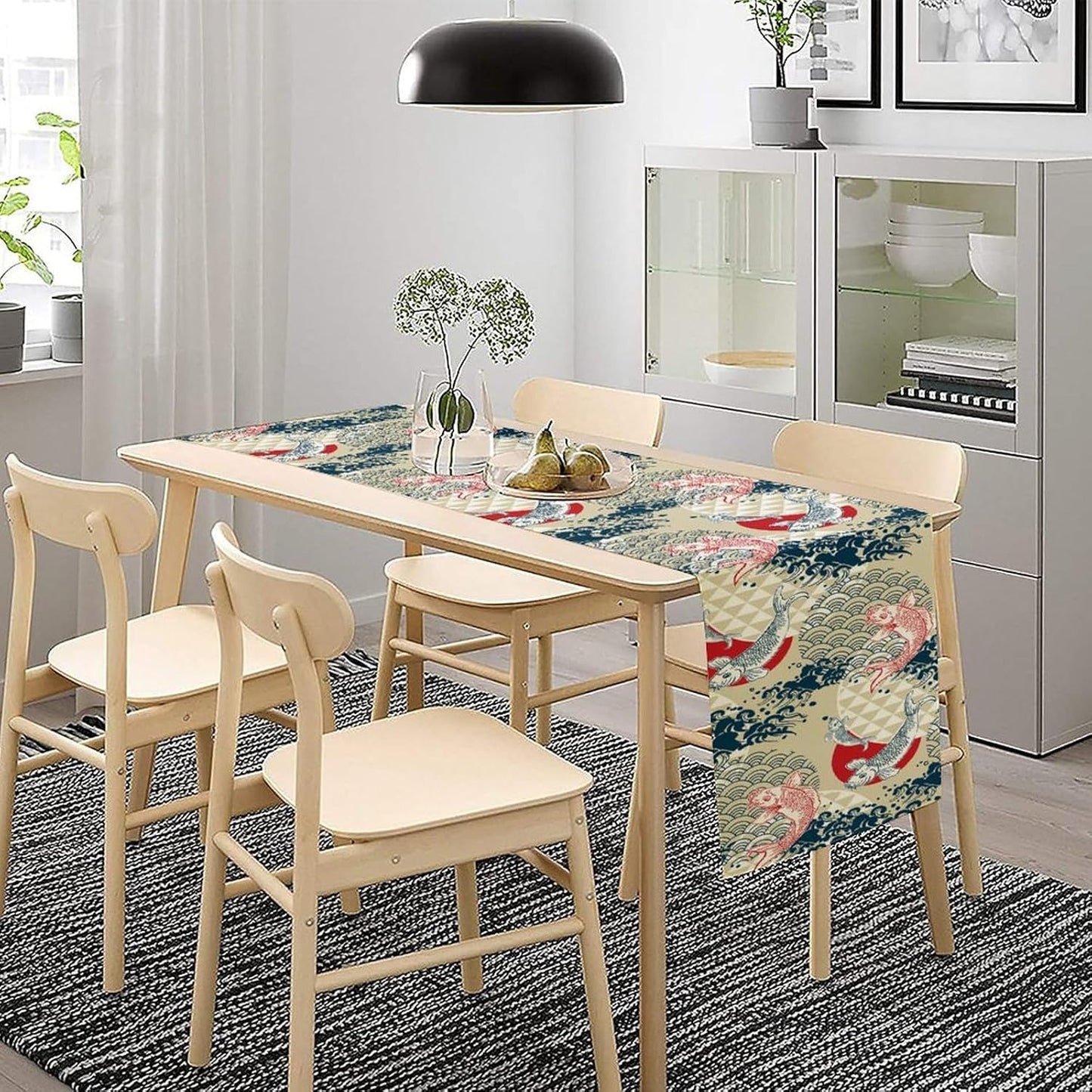 Japanese Table Runner Oriental Tradition Kio Fish Art Printed Burlap Runner Home Kitchen Dining Table Living Room Decor Fabric 1 Panel W13xL108in