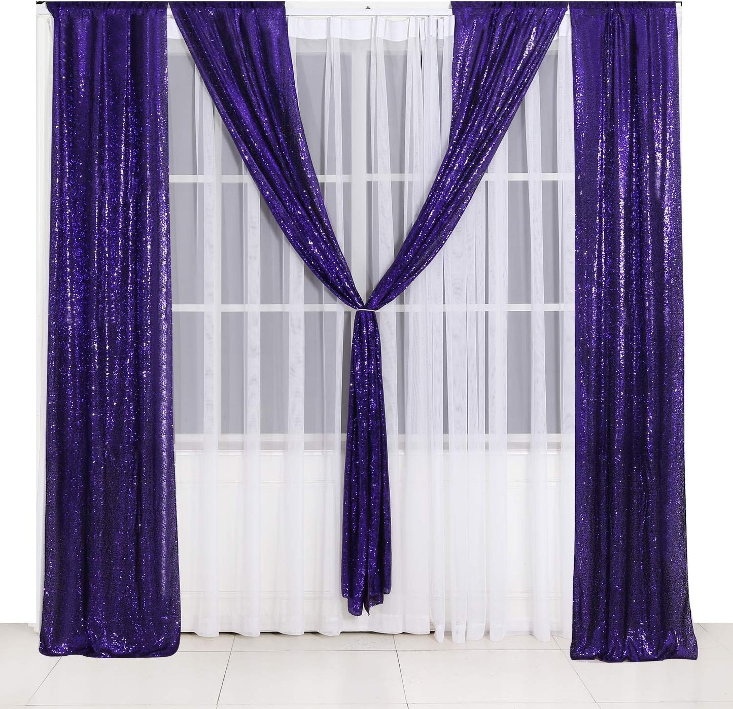 Poise3EHome 2ft x 8ft Purple Sequin Photography Backdrop Curtain 2 Panels for Party Decoration, Purple