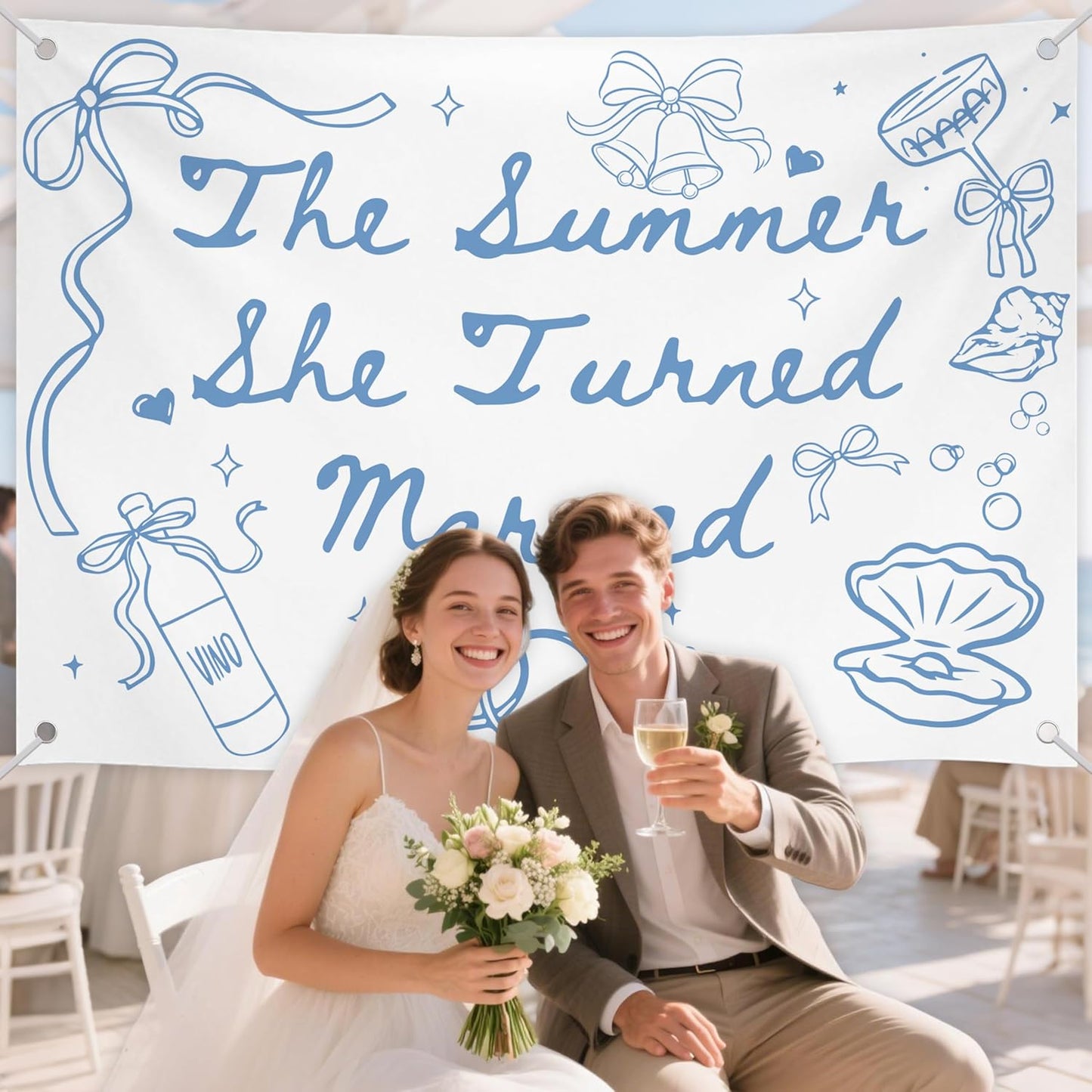 The Summer She Turned Married Backdrop - Beach Wedding Party Decorations - Bridal Shower Bachelorette Party Background Blue