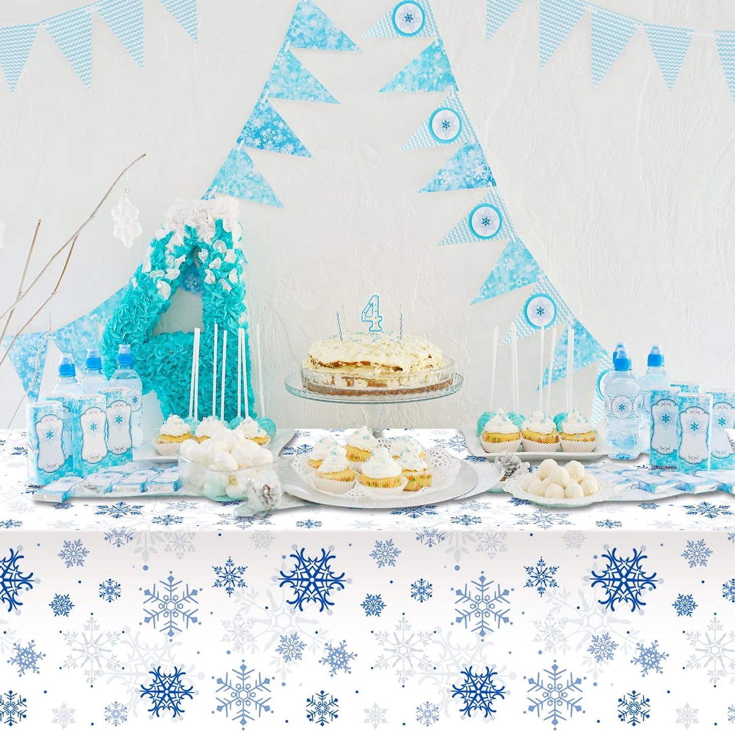 12 Pieces Snowflake Christmas Party Tablecloth Decorations,Plastic White Snowflake White Blue Xmas Backdrop Sign Table Cover Banner for Winter Christmas Holiday Party Supplies,54x108 inch(White/Blue)