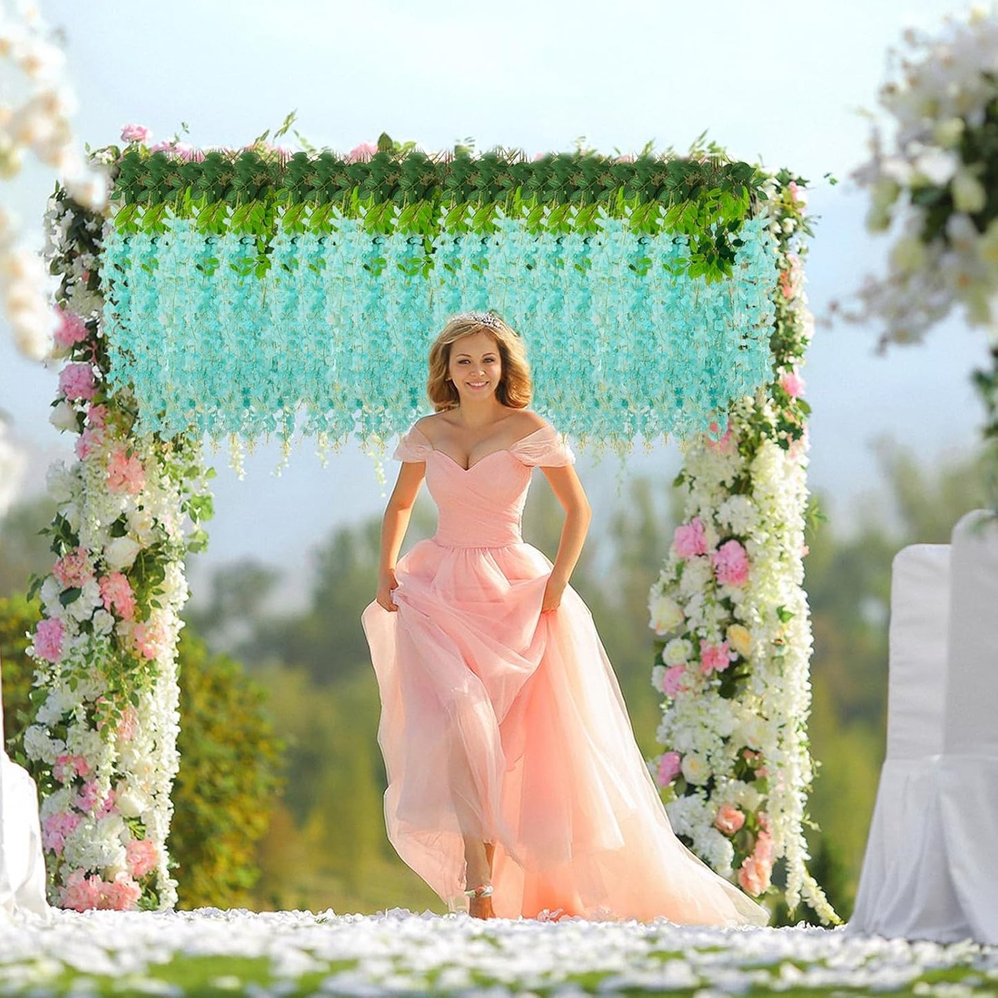 12 Pack Teal Wisteria Hanging Flowers, 3.44 Ft Fake Hanging Flowers, Artificial Wisteria Garland Vines for Wedding Room Backdrop Outdoor Patio Garden Decoration