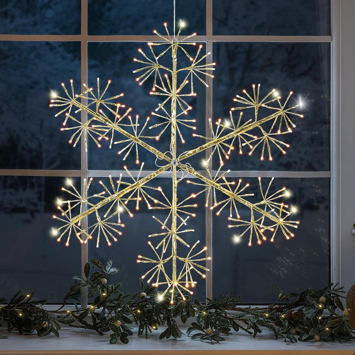 30’’ Christmas Snowflake Lights Outdoor, Pre-lit 240Pcs Warm White LEDs Hanging Golden Snowflake Decoration for Home Indoor Outdoor Window Silhouette