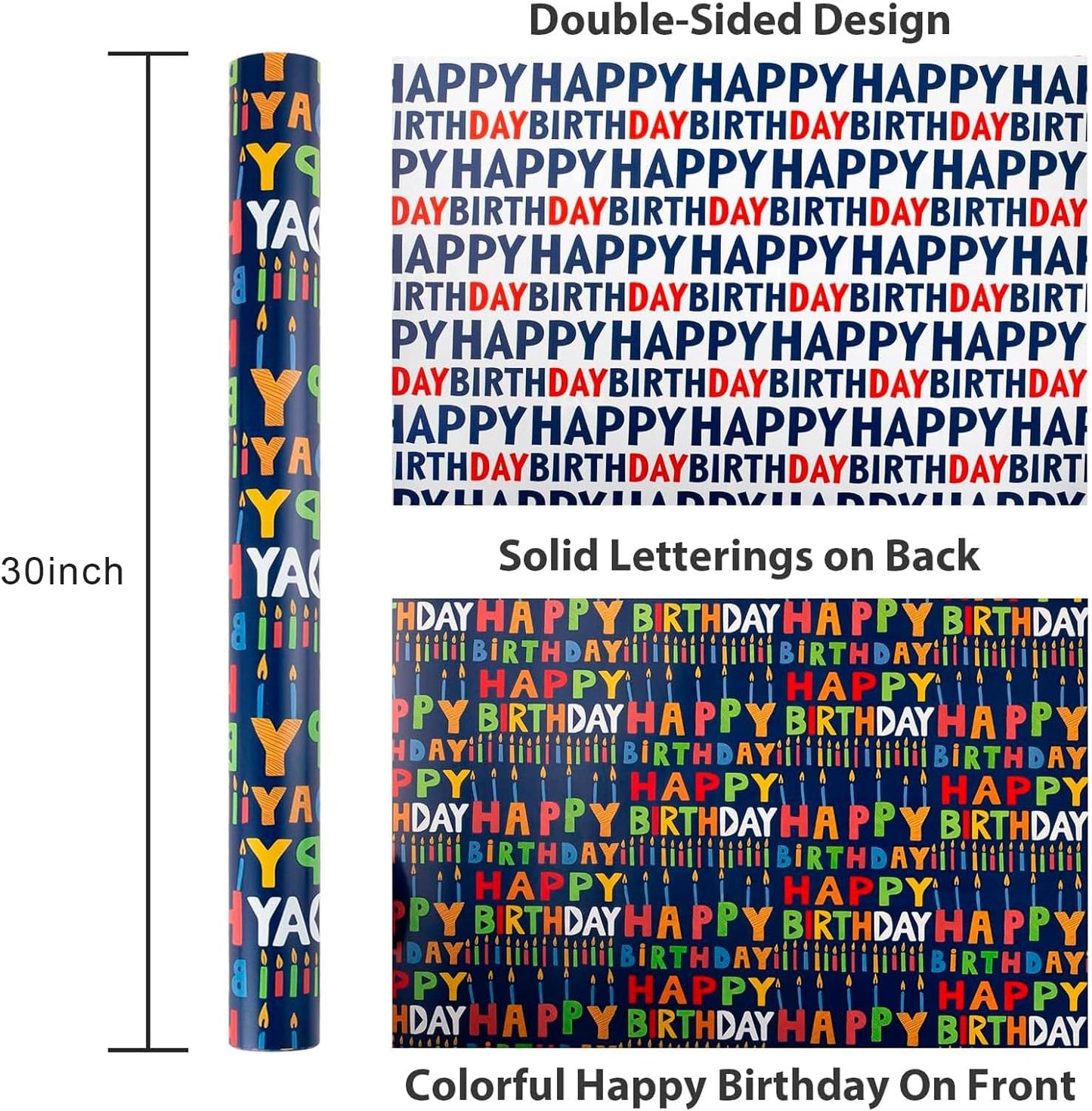Yarcony Reversible Birthday Wrapping Paper Roll - 17 Inch X 16.5 Ft(23.4 Sq.Ft.Ttl) - Creative Colorful Happy Birthday Lettering & Candle Navy Blue Gift Wrap for Party, Baby Shower & Holiday
