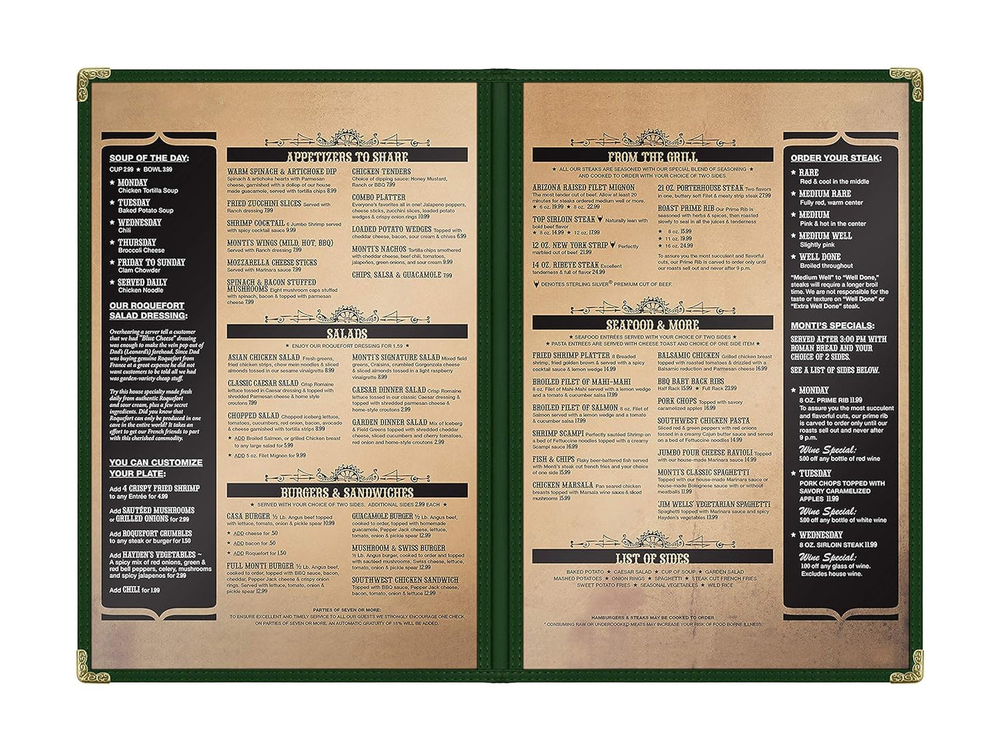 Goodsmart Restaurant Menu Covers – Green 25 Pack, 4-View 8.5" x 14", Side-Loading Vinyl & Plastic Menu Holders, Clear Menu Sleeves, Leather-Style Café Covers with Gold Corners