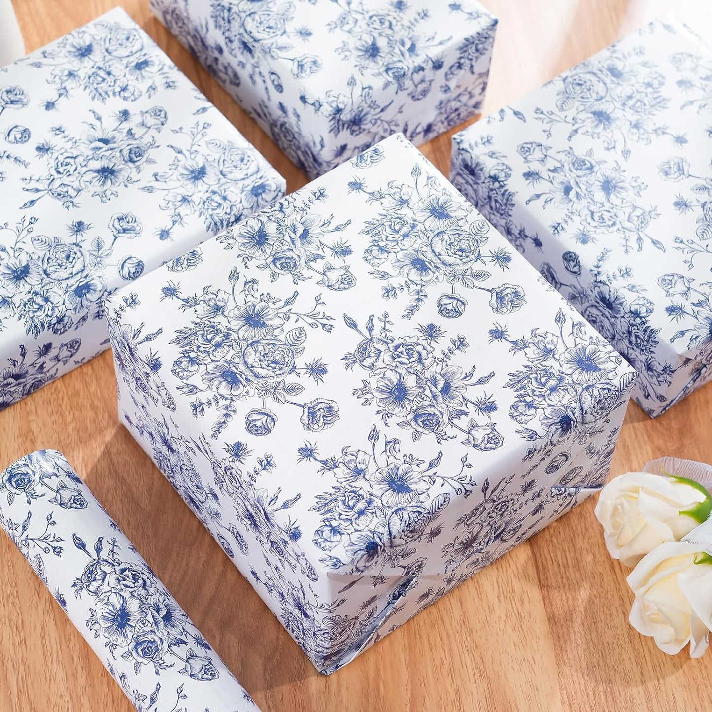 Ulmasinn Blue Floral Wrapping Paper Roll - 17 Inches x 33 Feet - Vintage Toile Blue Floral Design with Cut Lines for Upscale Gifts, Birthday, Bridal Shower, Wedding, Mother’s Day