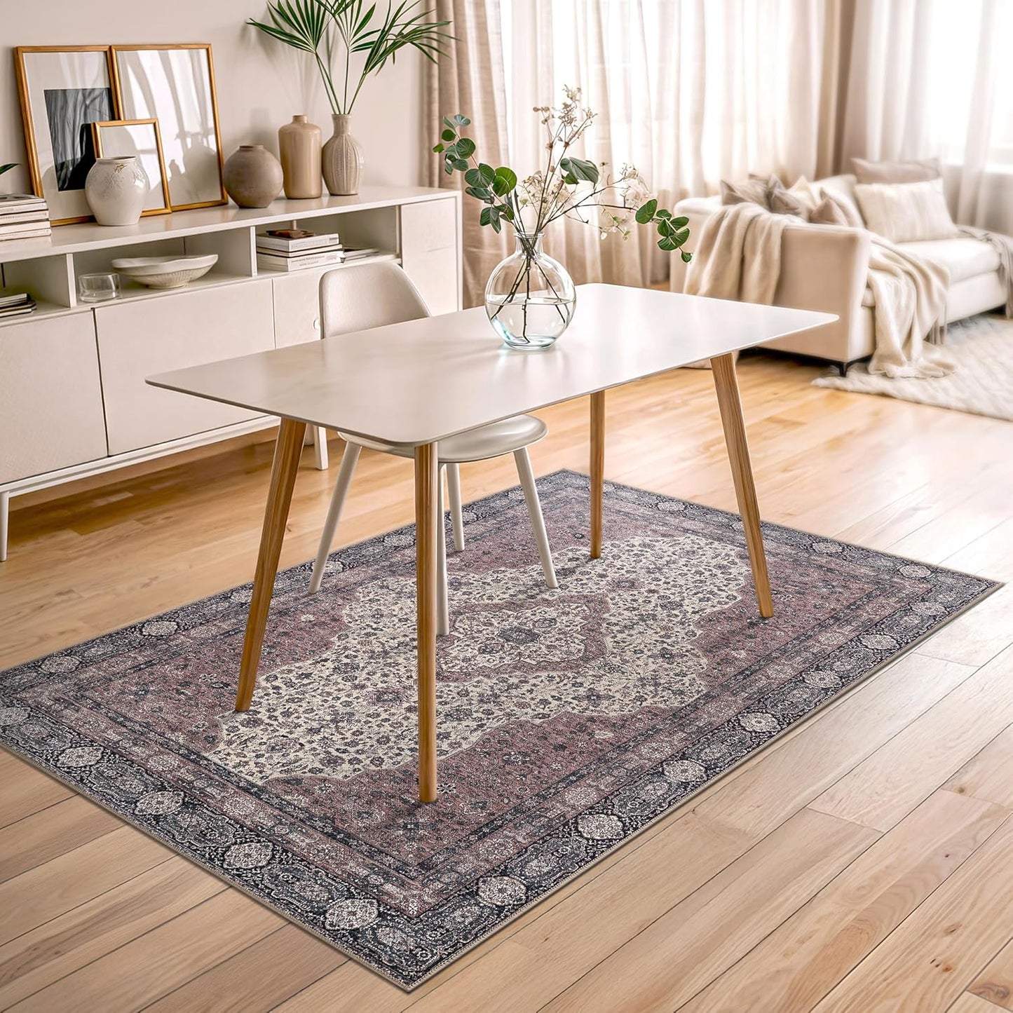 Bloom Rugs Washable Non-Slip 4' x 6' Rug - Cream/Green Traditional Medallion Area Rug for Living Room, Bedroom, Dining Room, and Kitchen - Exact Size: 4' x 6'