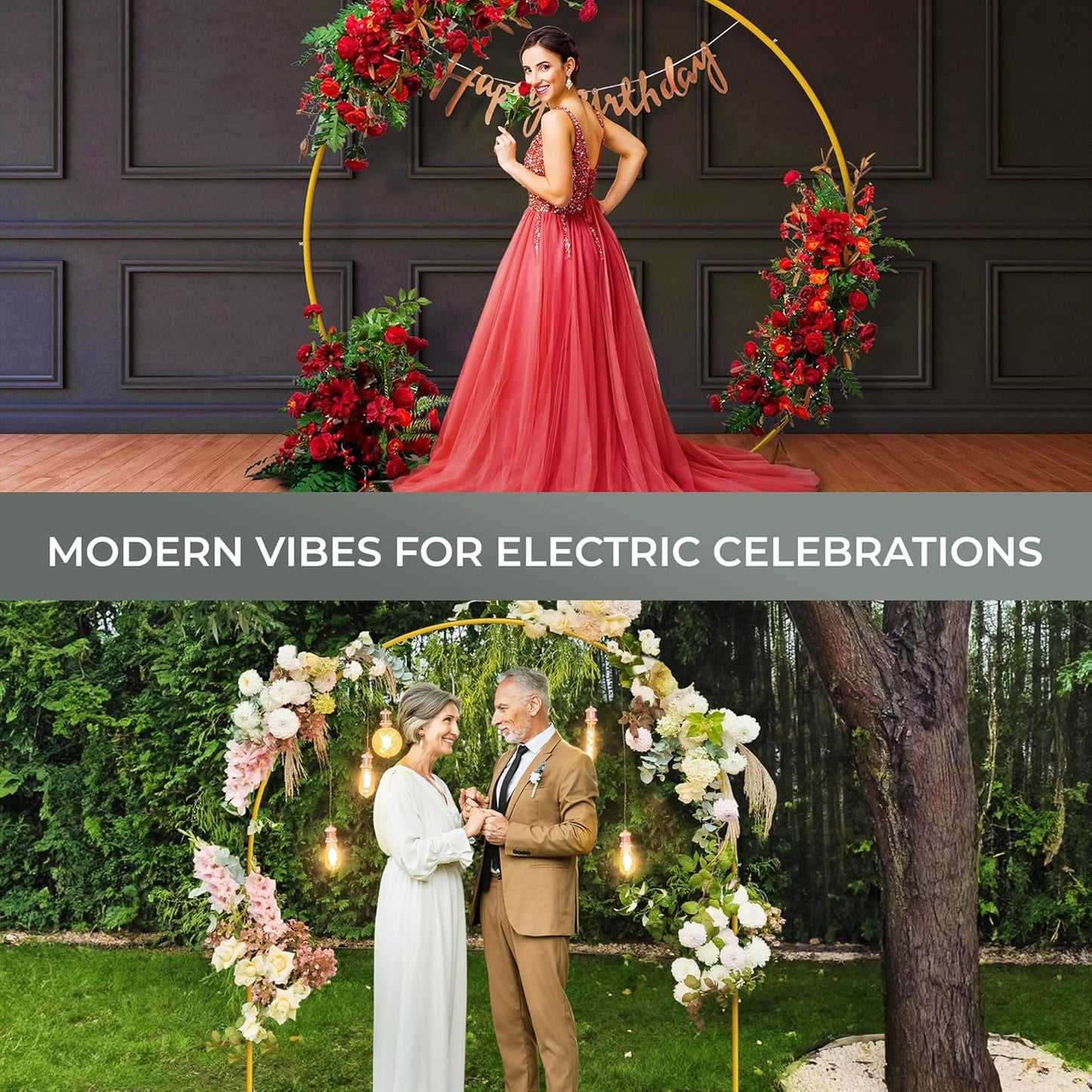 VerdeVista Convertible 6.5 FT Round Backdrop Stand - Heavy Duty Balloon Arch Stand with 2 Waterbags - Multiuse Photo Backdrop Arch, Gold Circle Ring Balloon Arch Frame for Wedding Baby Shower & More