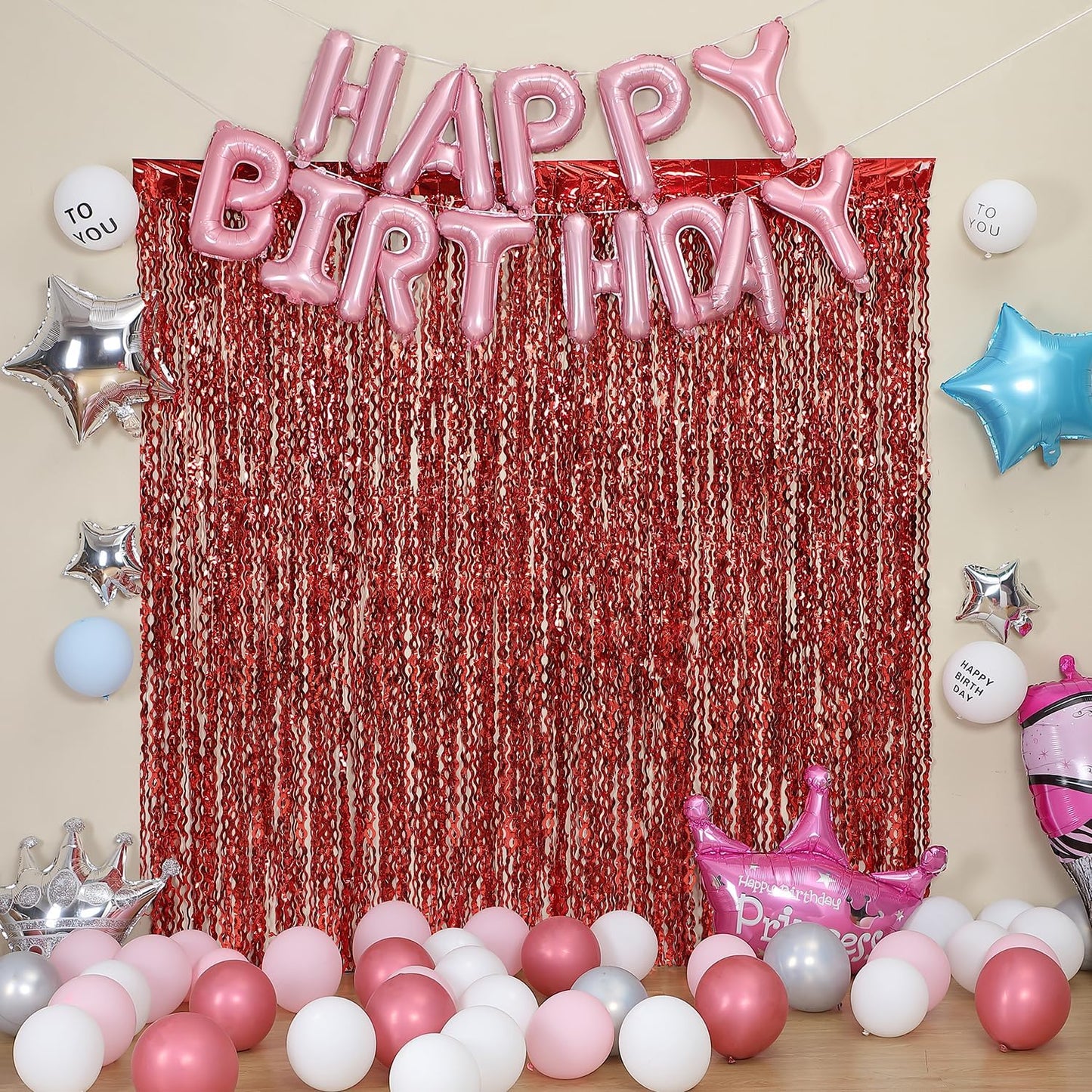 3 Pack Red Aluminium Foil Curtains, 3.3ft x 6.6ft, Wavy Shape, for Party Decorations & Photo Background