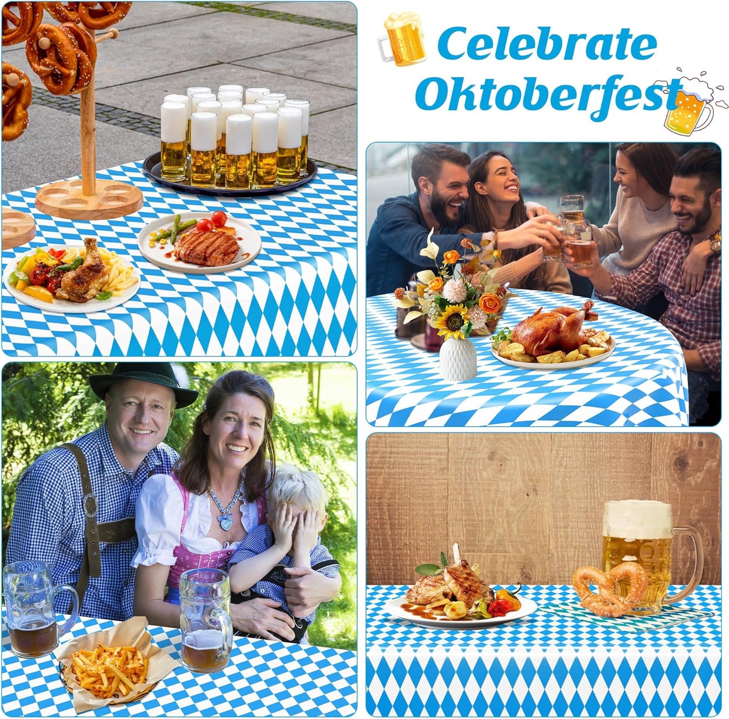4 PCS Oktoberfest Decoration, 54 X 108 IN Blue White Checkered Plastic Oktoberfest Tablecloth, Disposable Rectangular German Theme Table Supplies, Bavarian Tablecover, Beer Tablecloth for Party Picnic