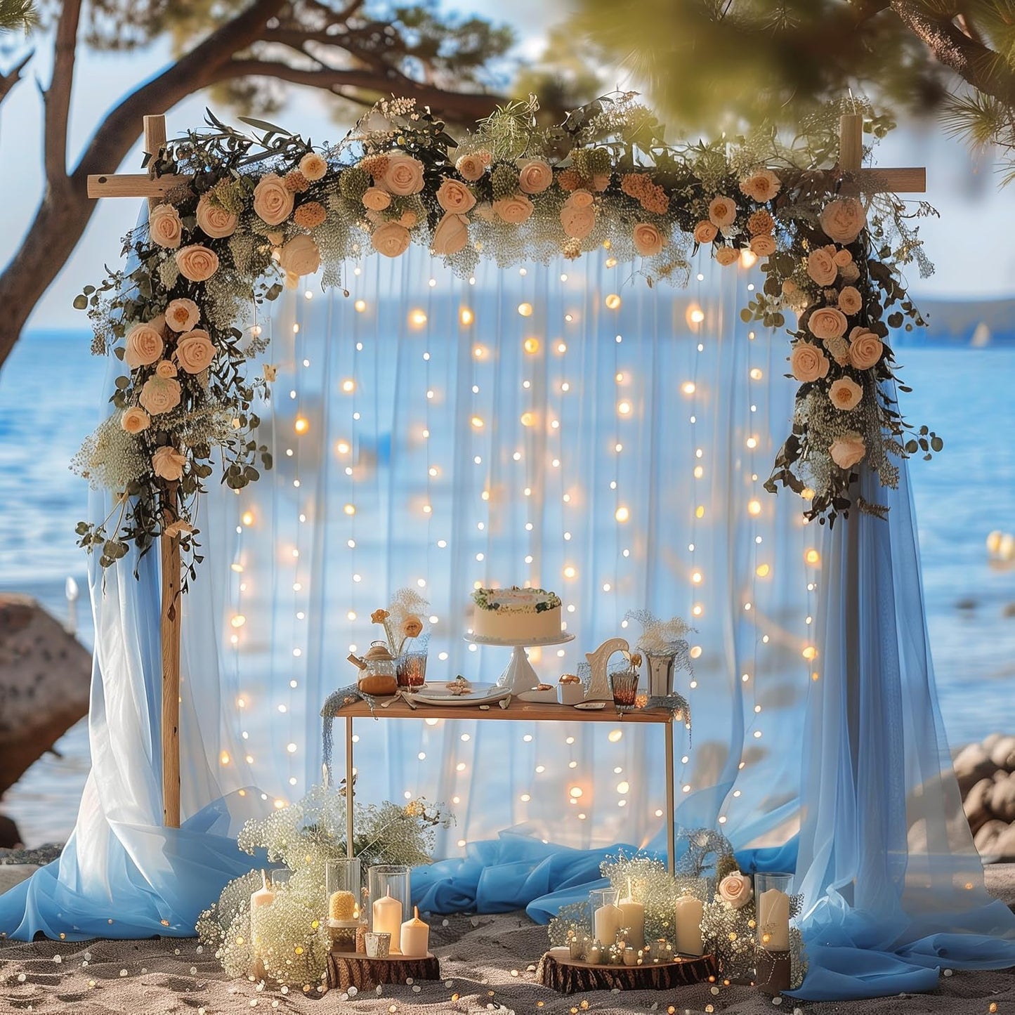 Fomcet Tulle Backdrop Curtains with Lights String Baby Blue 10FT X 10FT Sheer Curtains with Lights Tulle Curtain Backdrop for Wedding Birthday Party Photo Shoot (2 Panels 5x10FT)