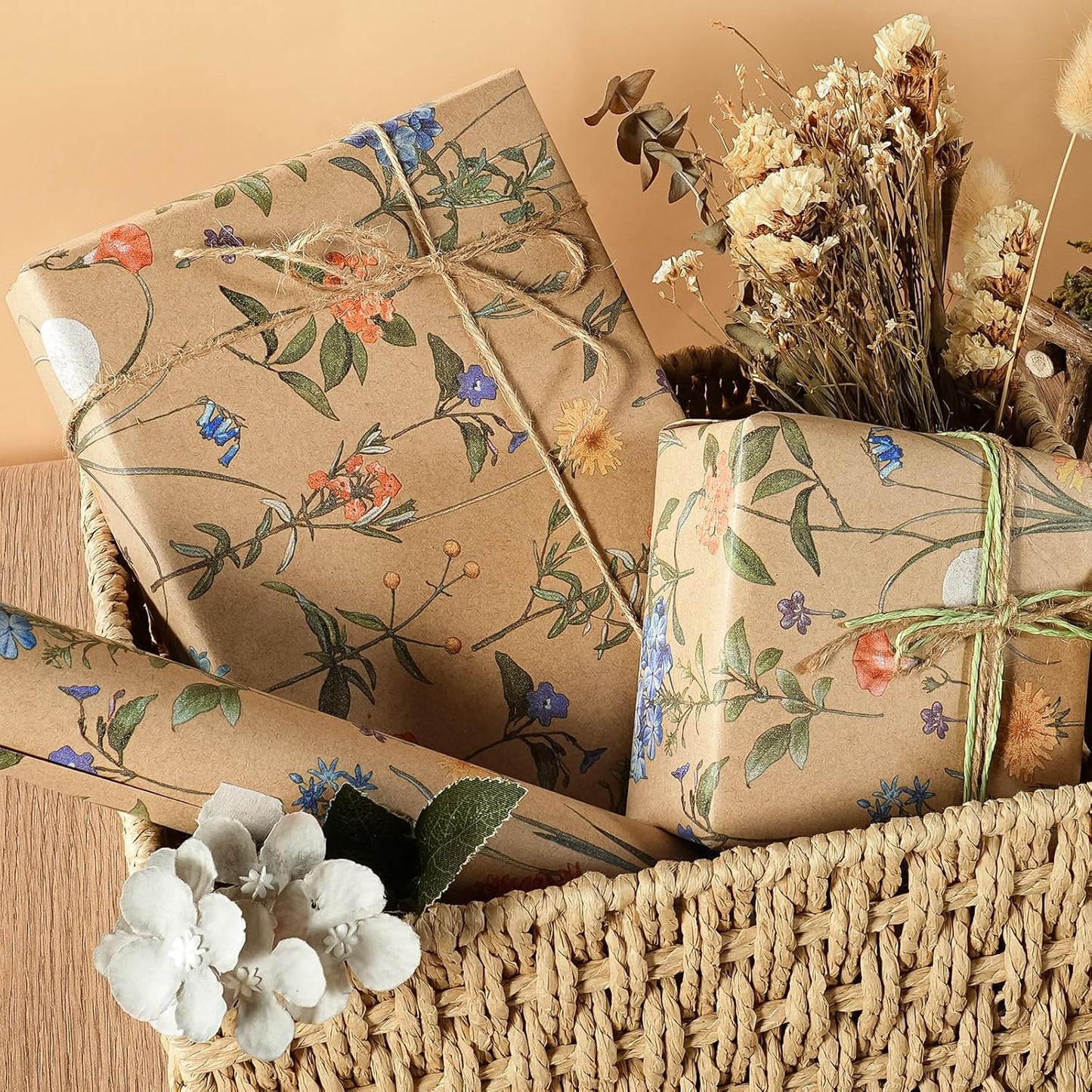 WRAPAHOLIC Kraft Floral Wrapping Paper Roll - Mini Roll - 17 Inch x 9.8 Feet - Wildflower Wrapping Paper Perfect for Girls Women Birthday, Wedding, Bridal Shower