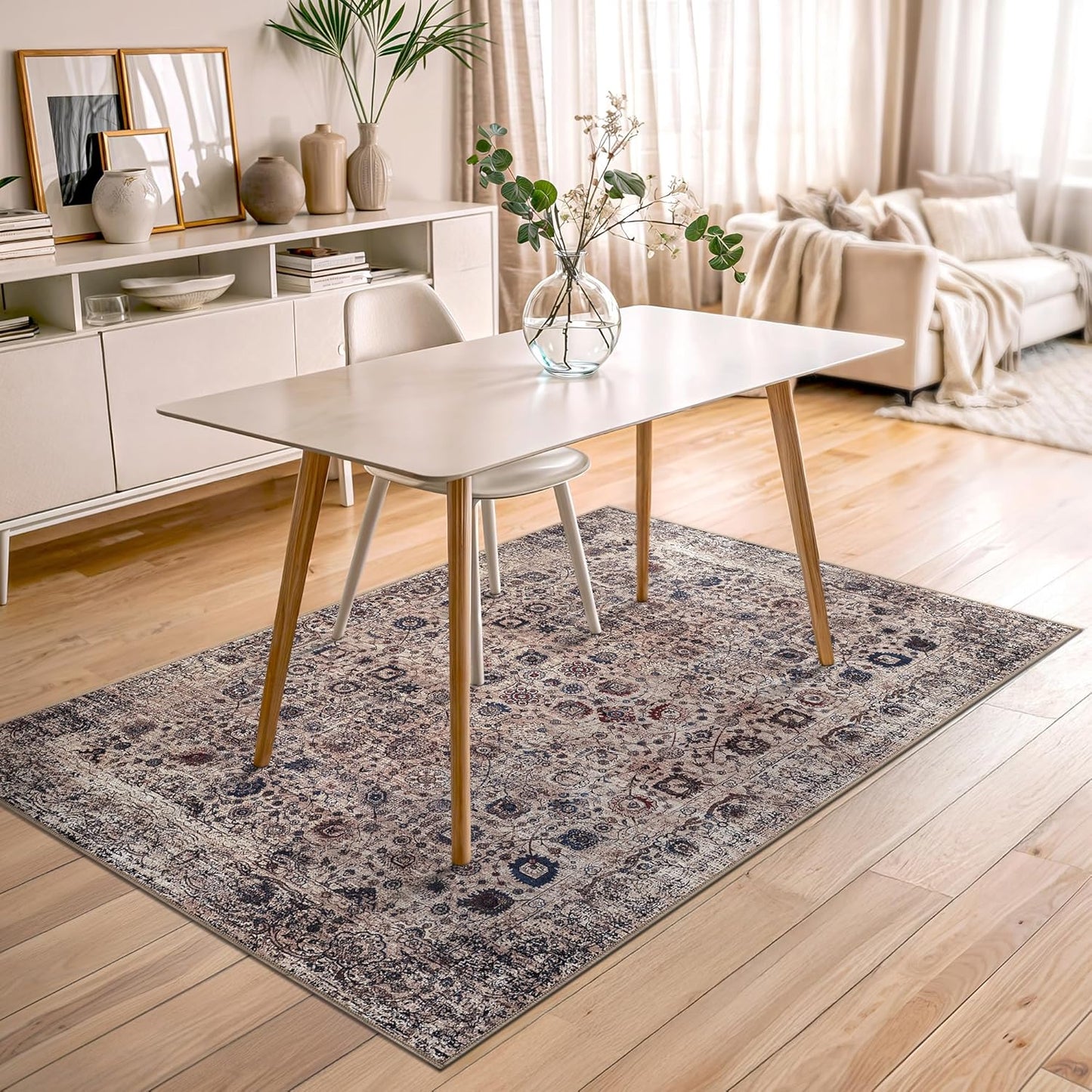 Bloom Rugs Washable Non-Slip 4' x 6' Rug - Light Tan/Blue Traditional Oriental Area Rug for Living Room, Bedroom, Dining Room, and Kitchen - Exact Size: 4' x 6'