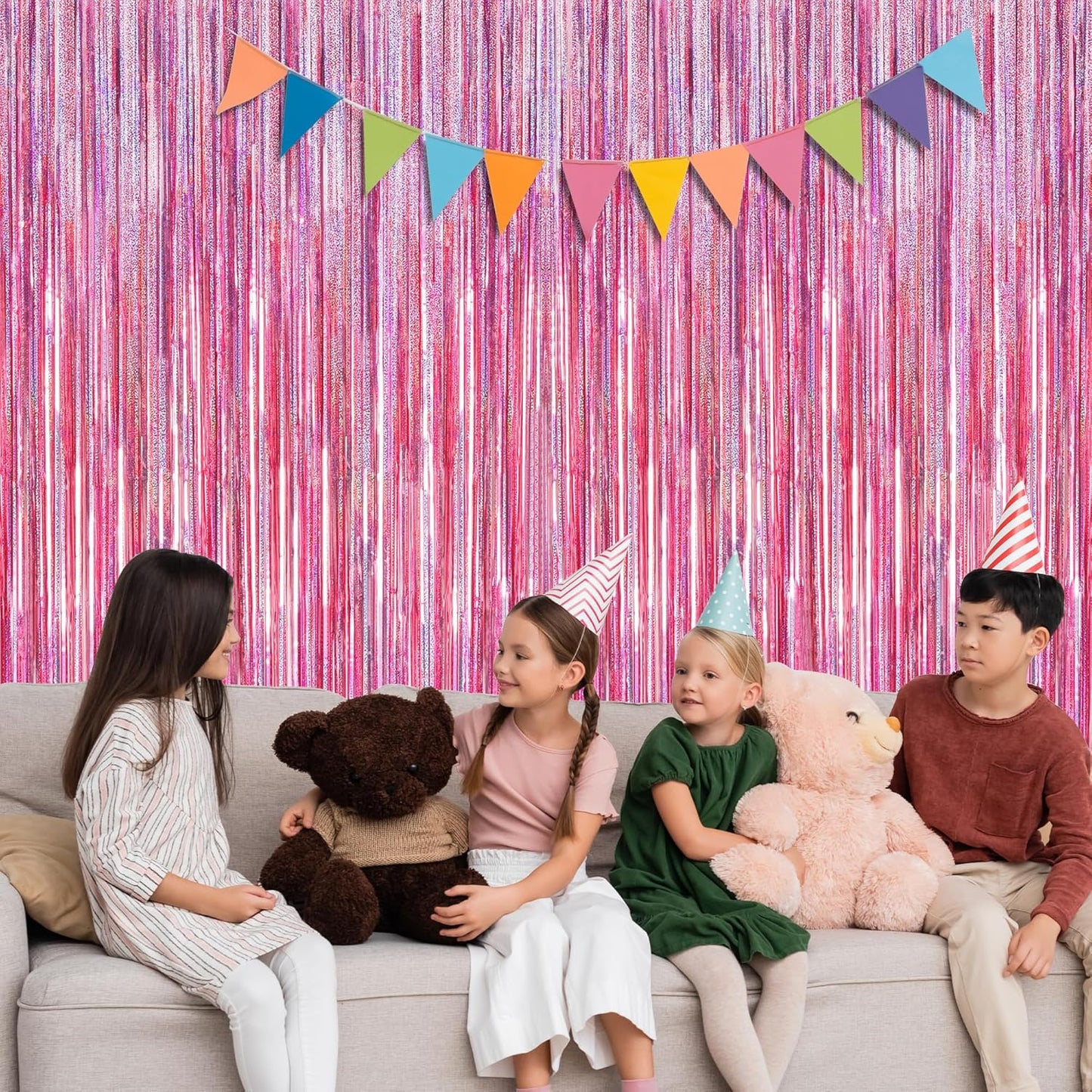 2 Pack Glitter Pink Backdrop, 3.28 FT x 7.05 FT Birthday Party Decorations, Laser Pink Fringe Curtains Foil Streamer Tinsel, Pink Curtains Photo Backdrop Happy Birthday Backdrop